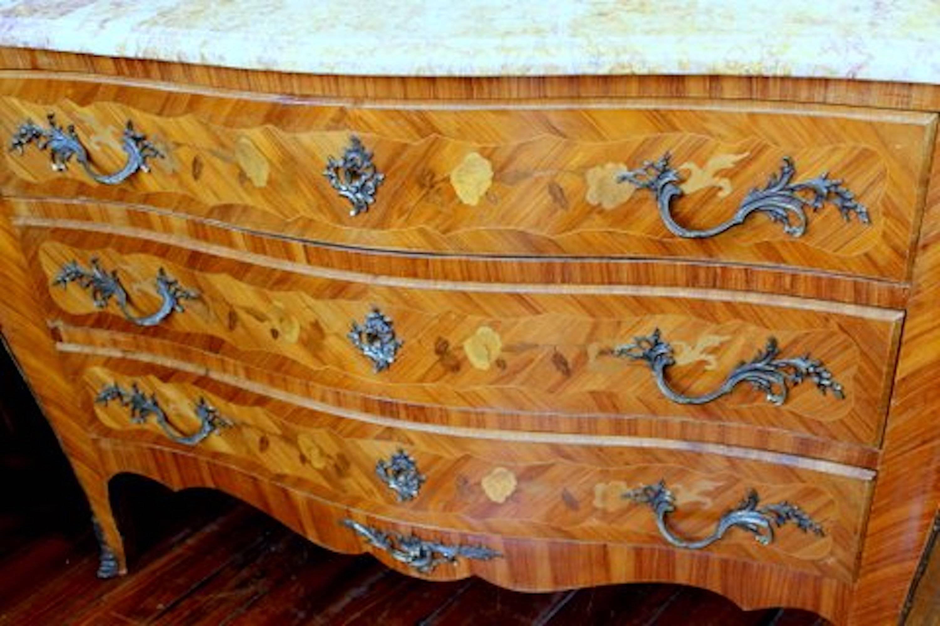 Old French Louis XV Style Marquetry Inlaid Kingwood Marble-Top Commode 4