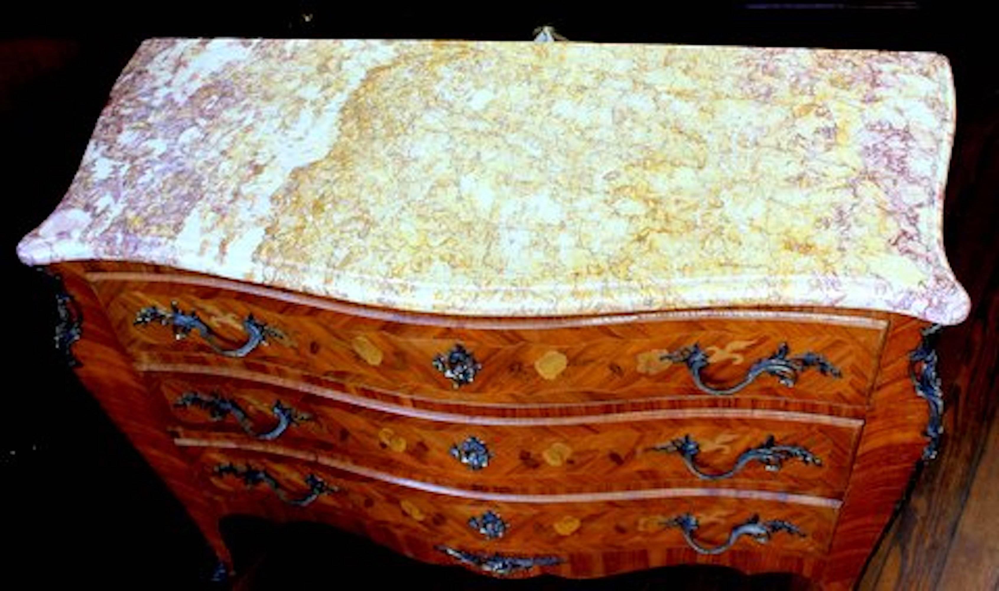 Old French Louis XV Style Marquetry Inlaid Kingwood Marble-Top Commode 1