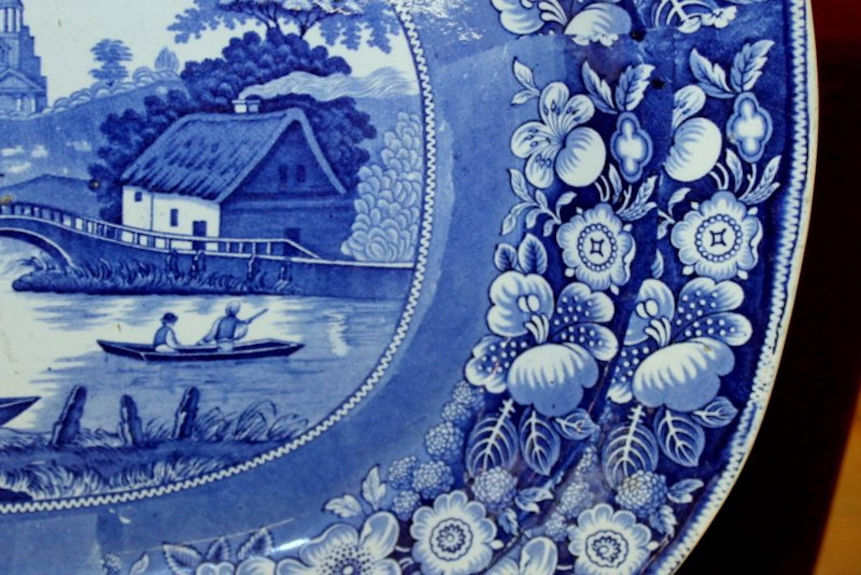 Antique English Very Large Staffordshire B & W Transferware Scenic Platter In Good Condition In Charleston, SC