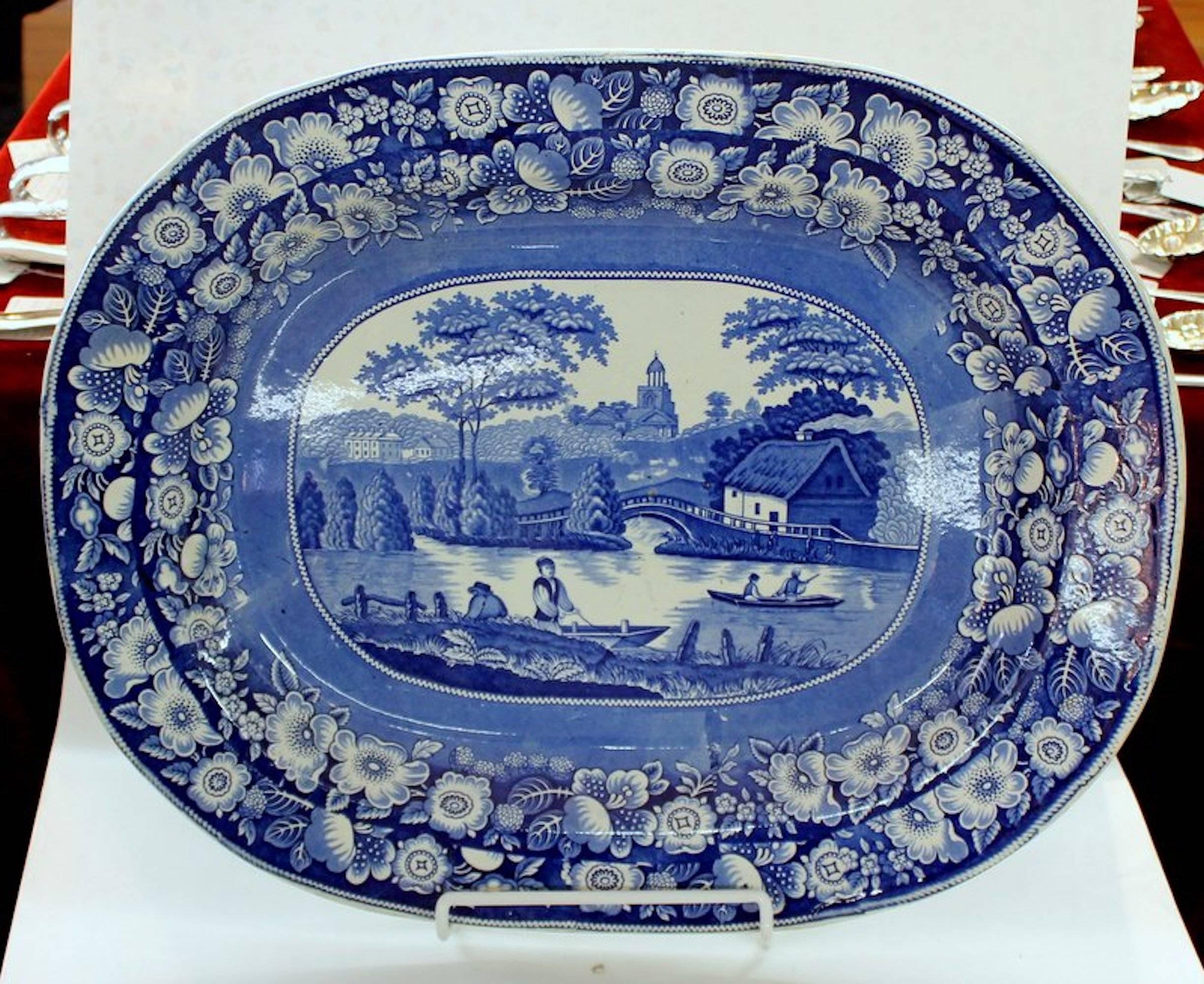 Exceptional antique English Staffordshire Earthenware B & W transferware very large platter with unidentifiable impressed maker's mark on rear. 

Unidentifiable 