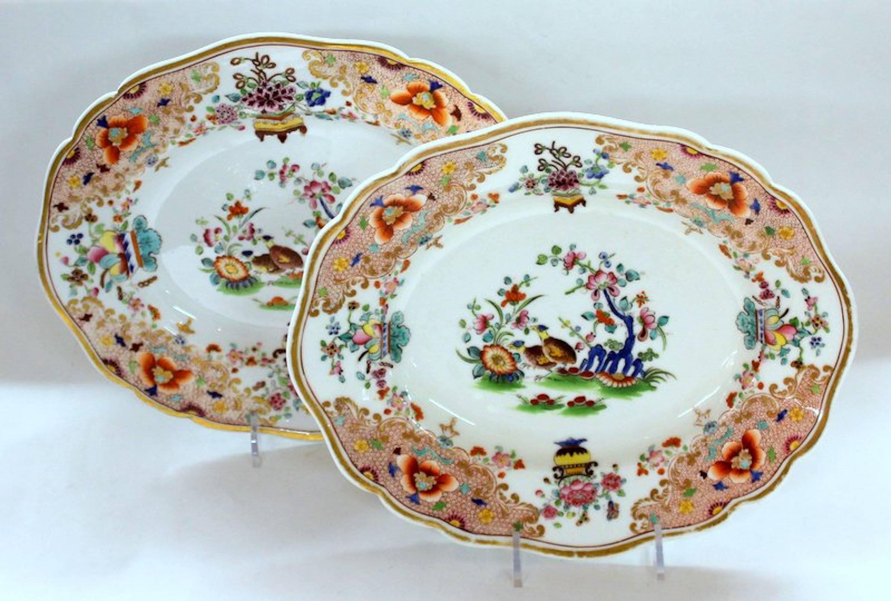 Pair of fabulous quality antique English Chamberlains and Co. (Worcester) hand-painted porcelain "Kakiemon" decor small platters with rare impressed "Chamberlains" mark on lower rare of one of the pair of platters.