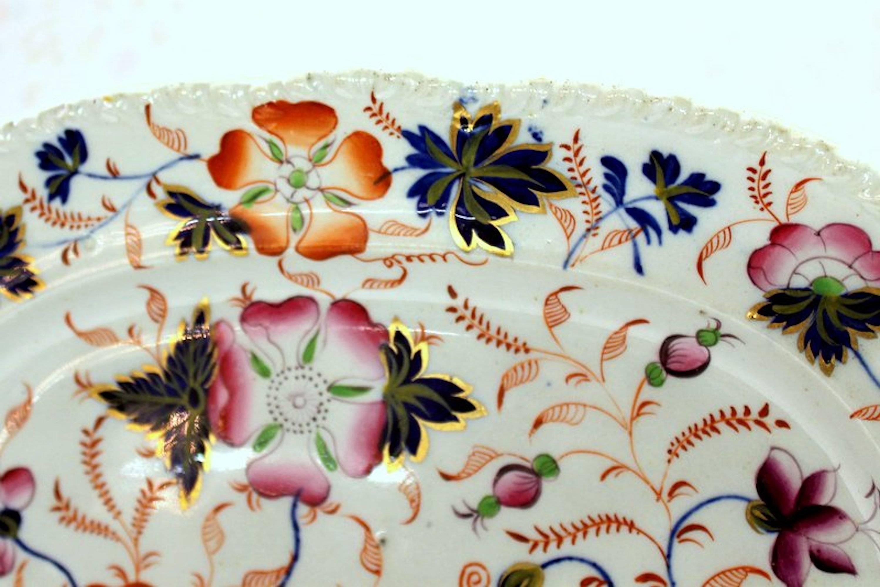 Très beau plat décoratif Imari anglais ancien en pierre de fer peinte à la main avec un motif 