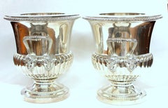 Pair of Antique English George III Old Sheffield Plate Armorial Wine Coolers