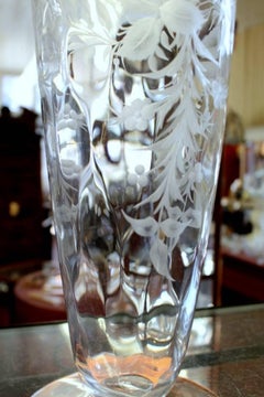 Old American Large Size Engraved Intaglio Crystal Signed "Sinclaire" Vase