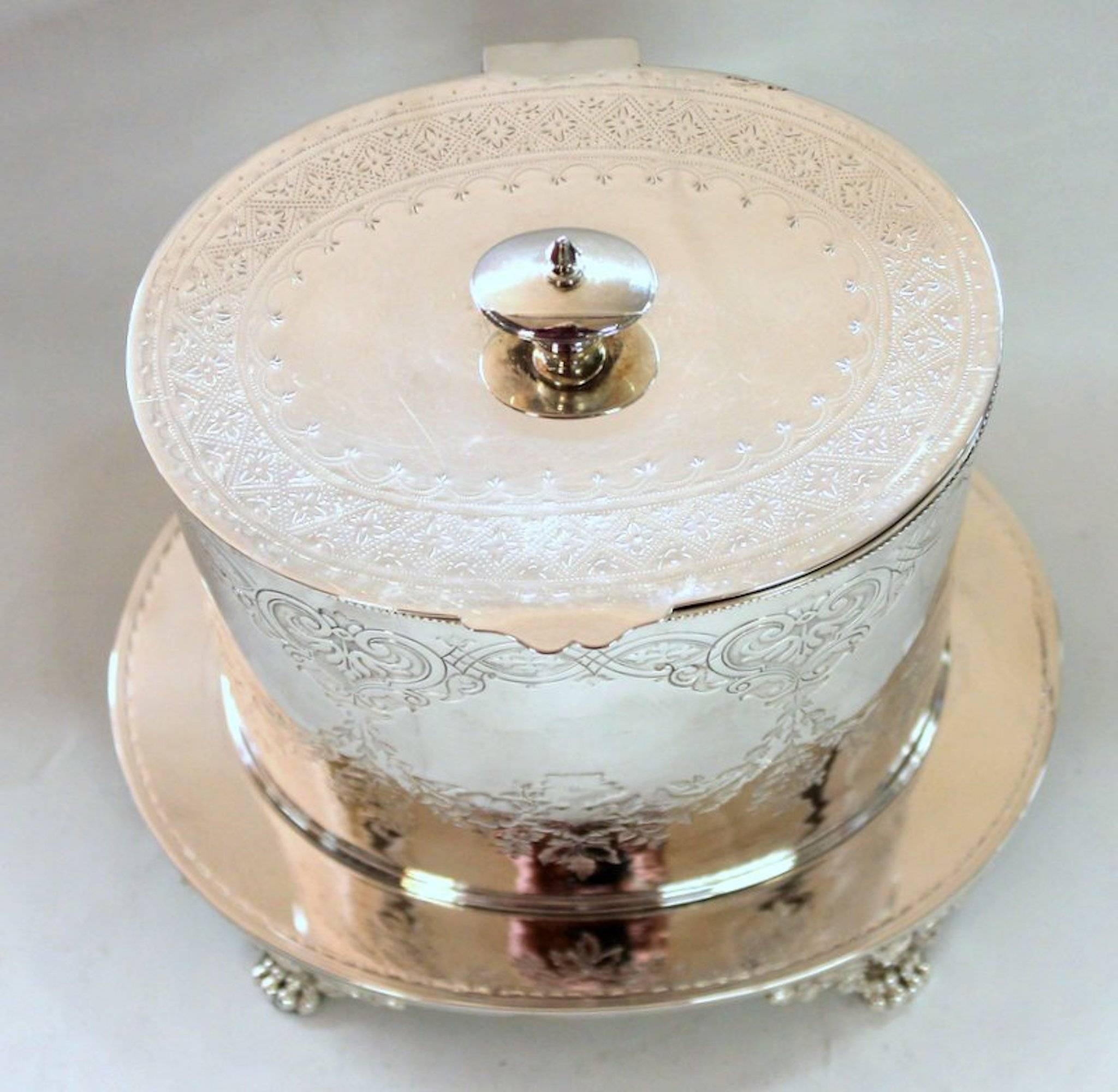 Engraved Antique English Sheffield Silver Plate Oval Biscuit Box, John Wigfall & Co.