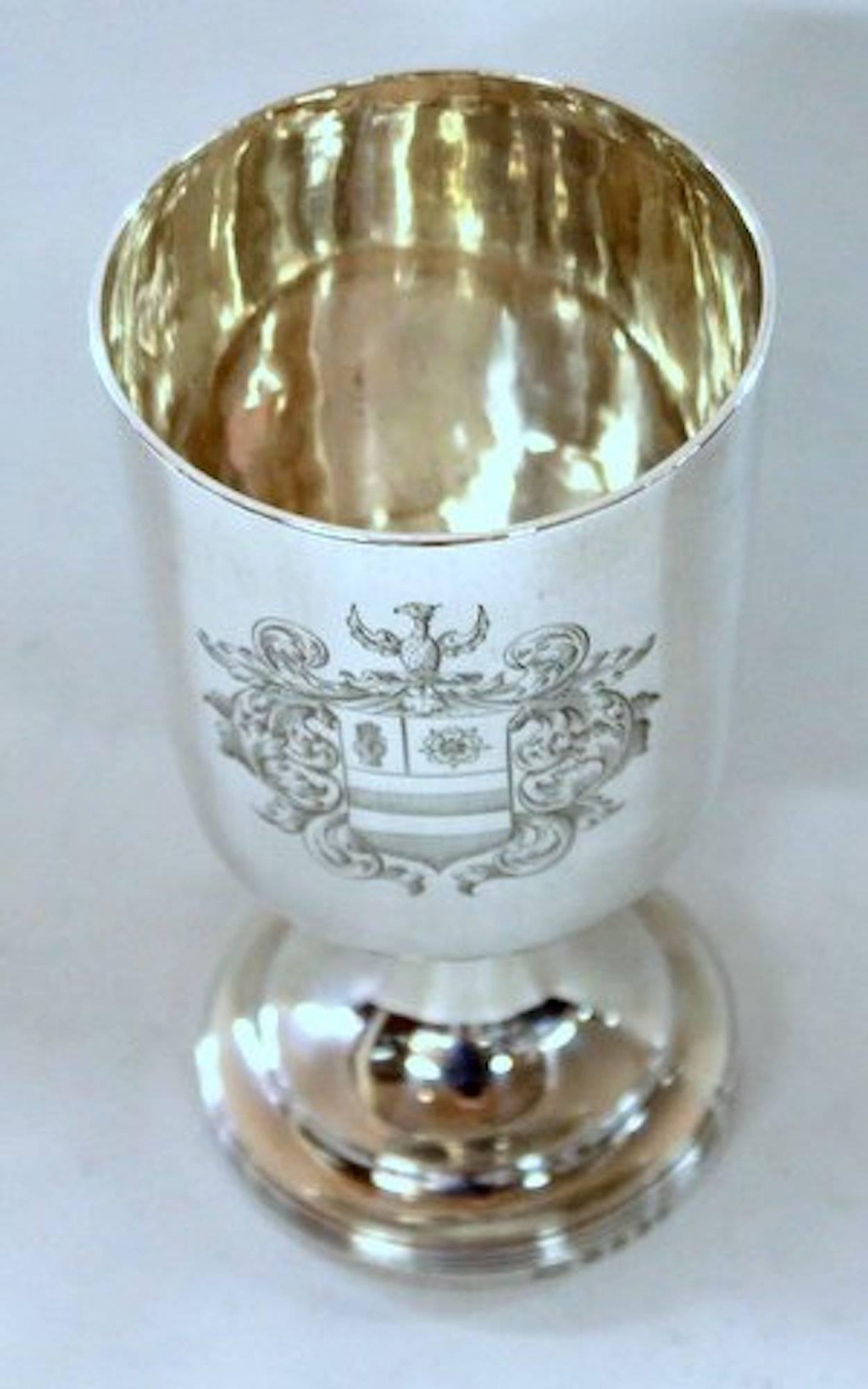 Engraved Antique English George III Heavy Sterling Armorial Goblet, T. Robins, London