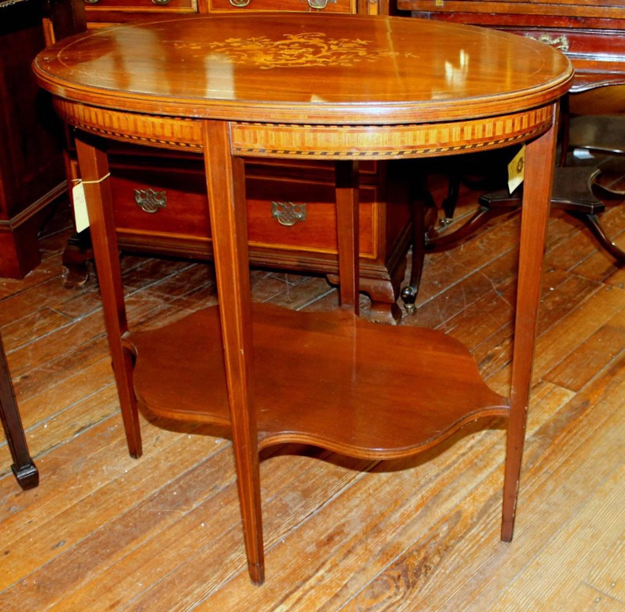 Superb Old English Marquetry Inlaid Mahogany Oval Occasional Table For Sale 1