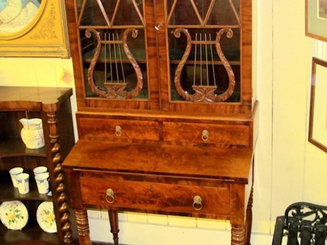 American 19th Century Federal Period Duncan Phyfe Style Flame Mahogany Secretary Bookcase For Sale