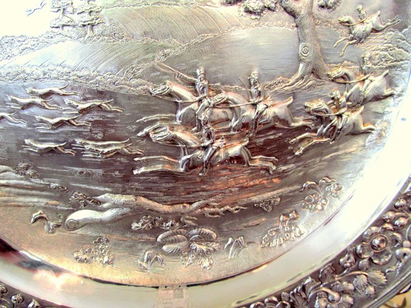 19th Century Huge Antique English Geo. IV Cast Sterling Sideboard Dish or Charger, Hunt Scene