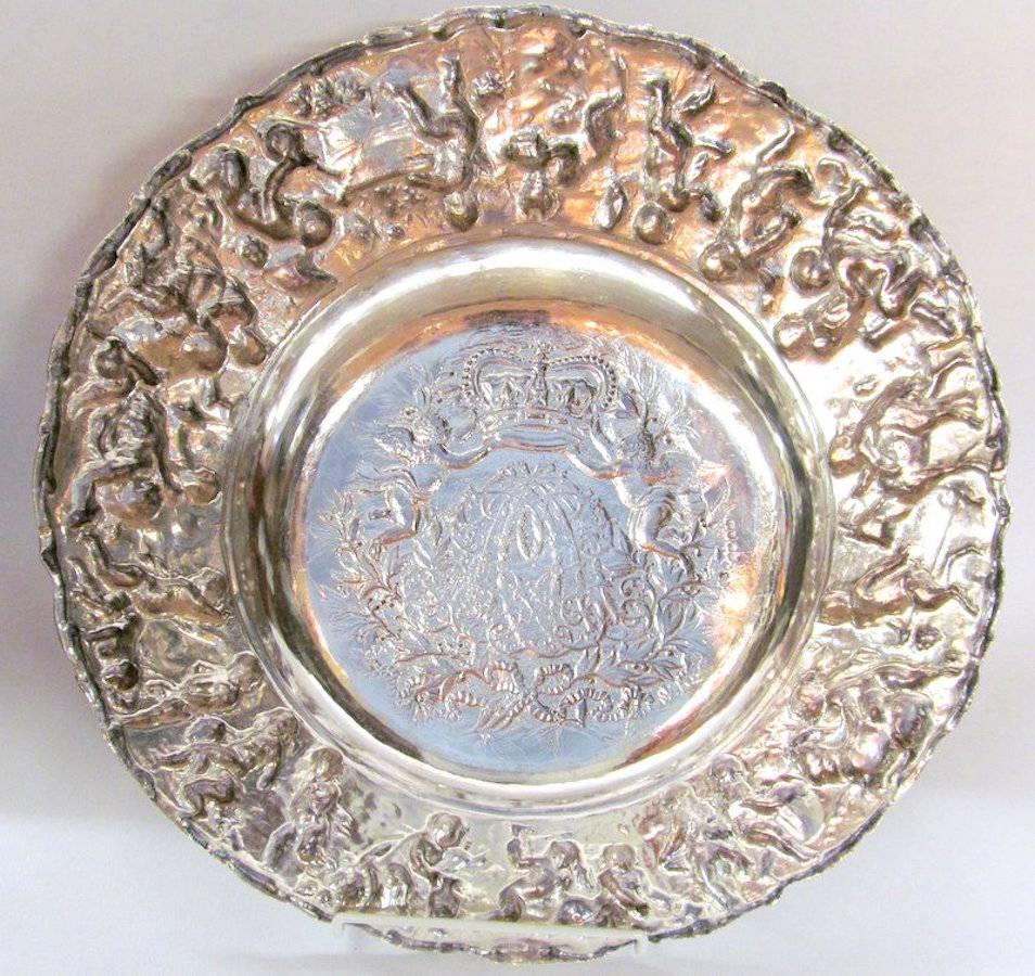 Geo IV Large Heavy Cast Sterling Sideboard Dish or Charger, Allegorical Border In Excellent Condition In CHARLESTON, SC