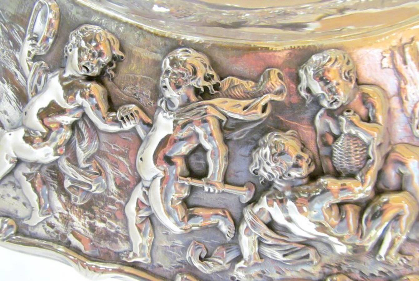English Geo IV Large Heavy Cast Sterling Sideboard Dish or Charger, Allegorical Border