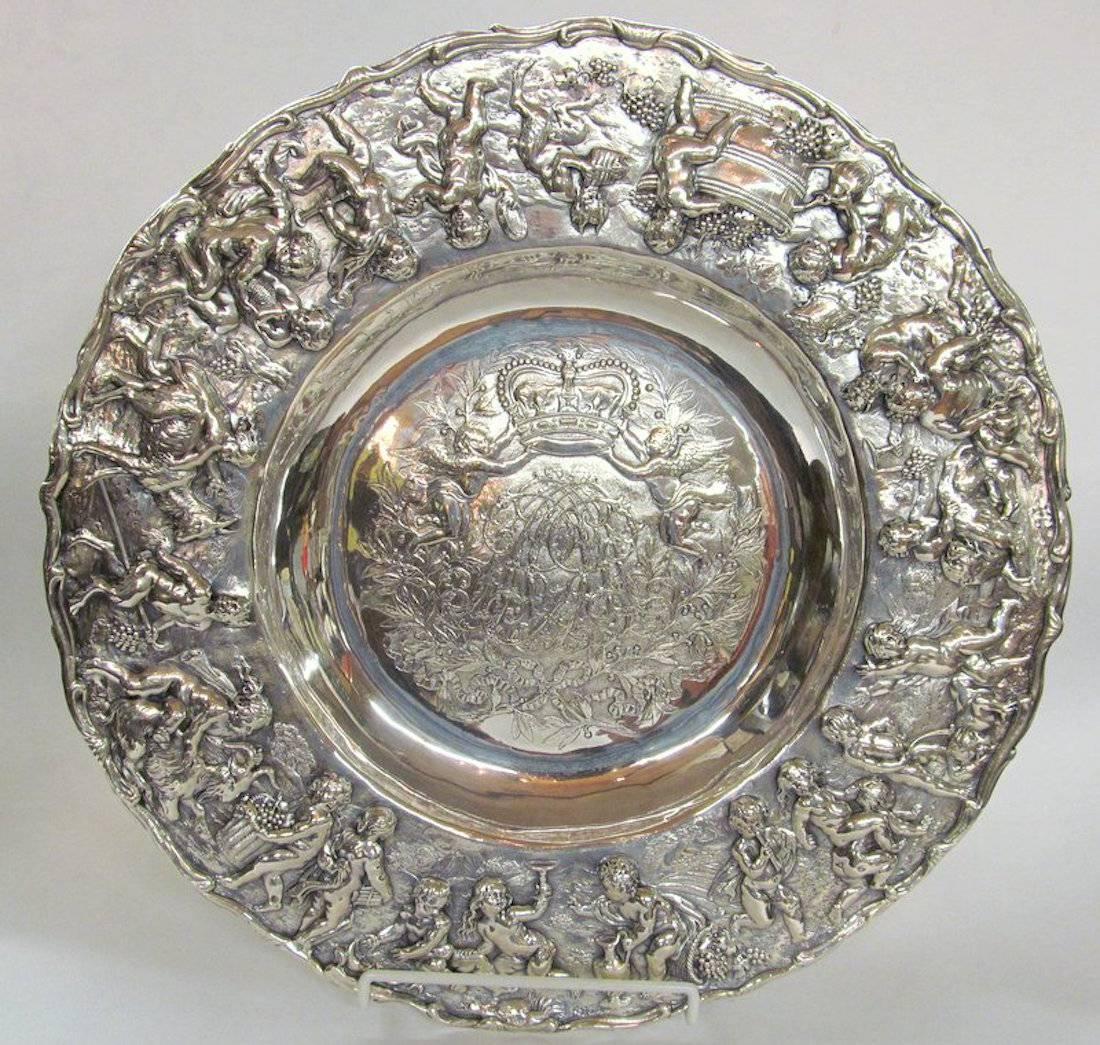Silver Geo IV Large Heavy Cast Sterling Sideboard Dish or Charger, Allegorical Border