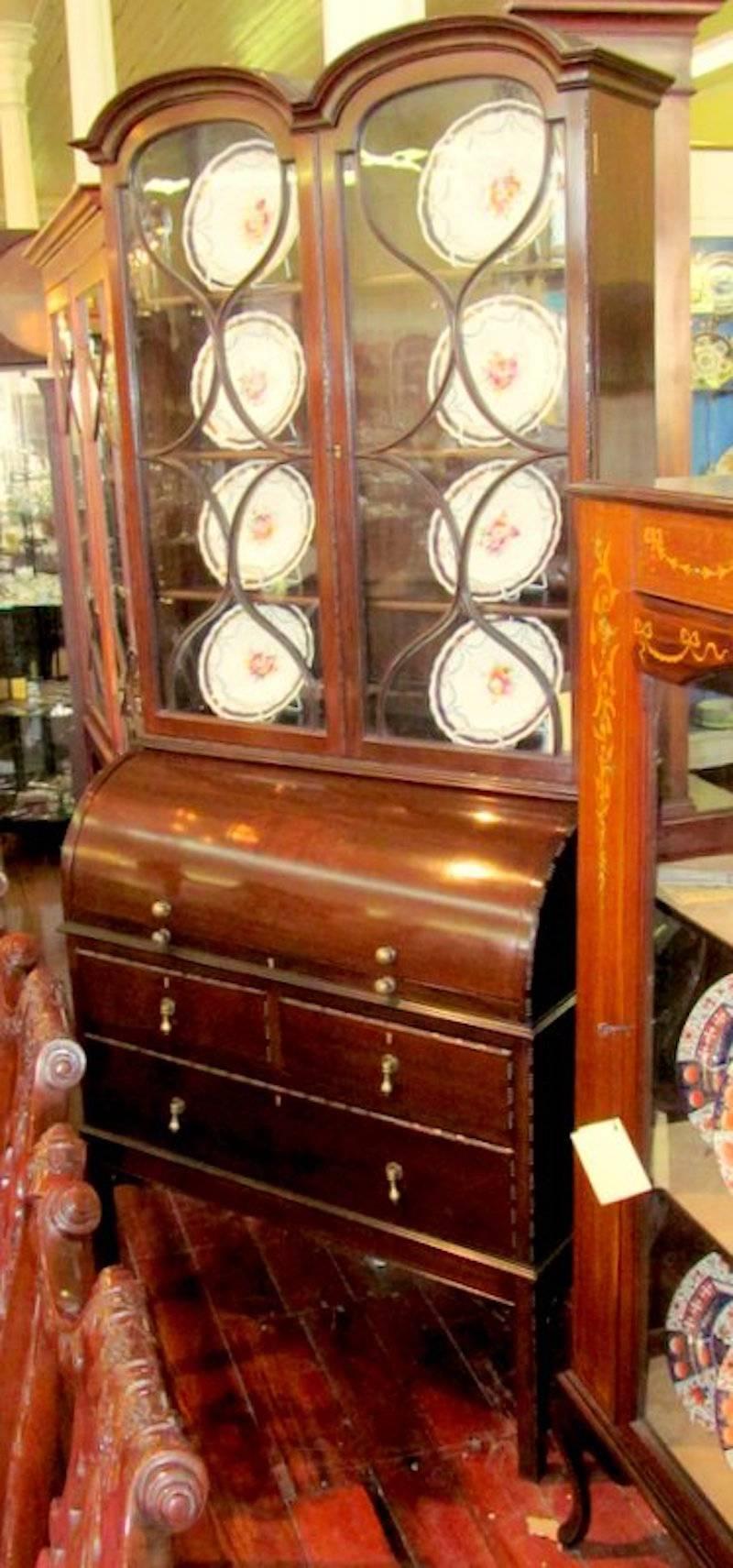 Rare and fine Old English Edwardian period double dome cylinder top inlaid mahogany bureau bookcase, with superb highly figured crotch or flame mahogany.
Superb ocndition and handsome barring along the double dome glazed top.

Please note handsome