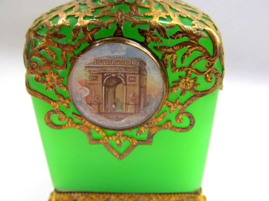 Antique French Perfume Bottle, Opaline Glass, Ormolu and Hand-Painted Miniatures In Good Condition In CHARLESTON, SC