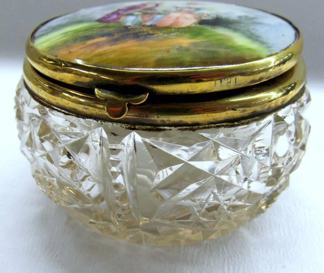 Brass Poudre or Vanity Jar with Porcelain Lid and Hand-Cut Crystal For Sale