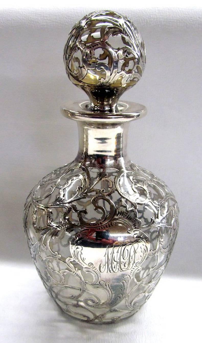 Pair of American Sterling Silver Overlay Crystal Scent or Cologne Bottles 6