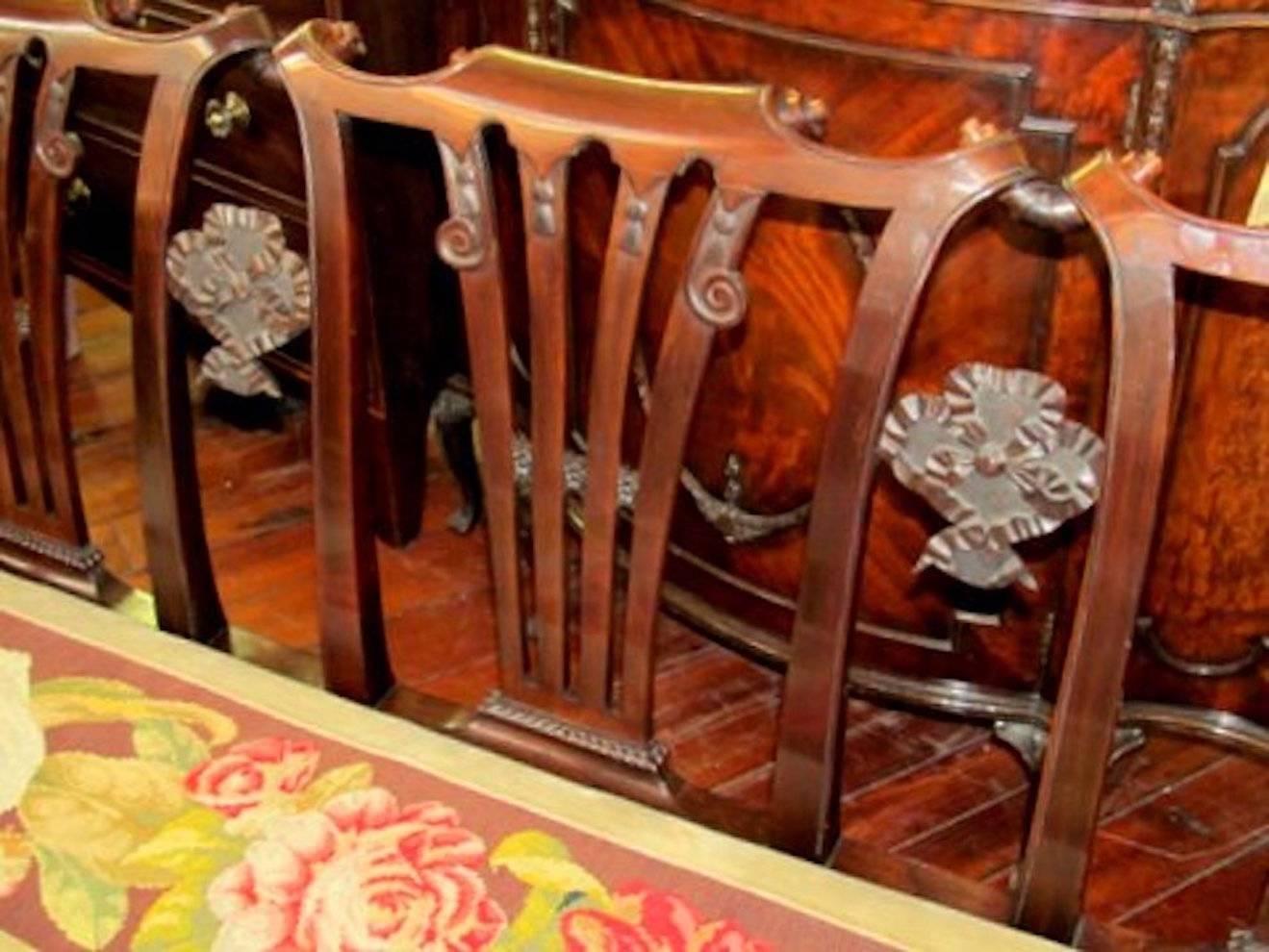 Hand-Carved Antique Irish Chippendale George II Style Mahogany Triple Chairback Settee