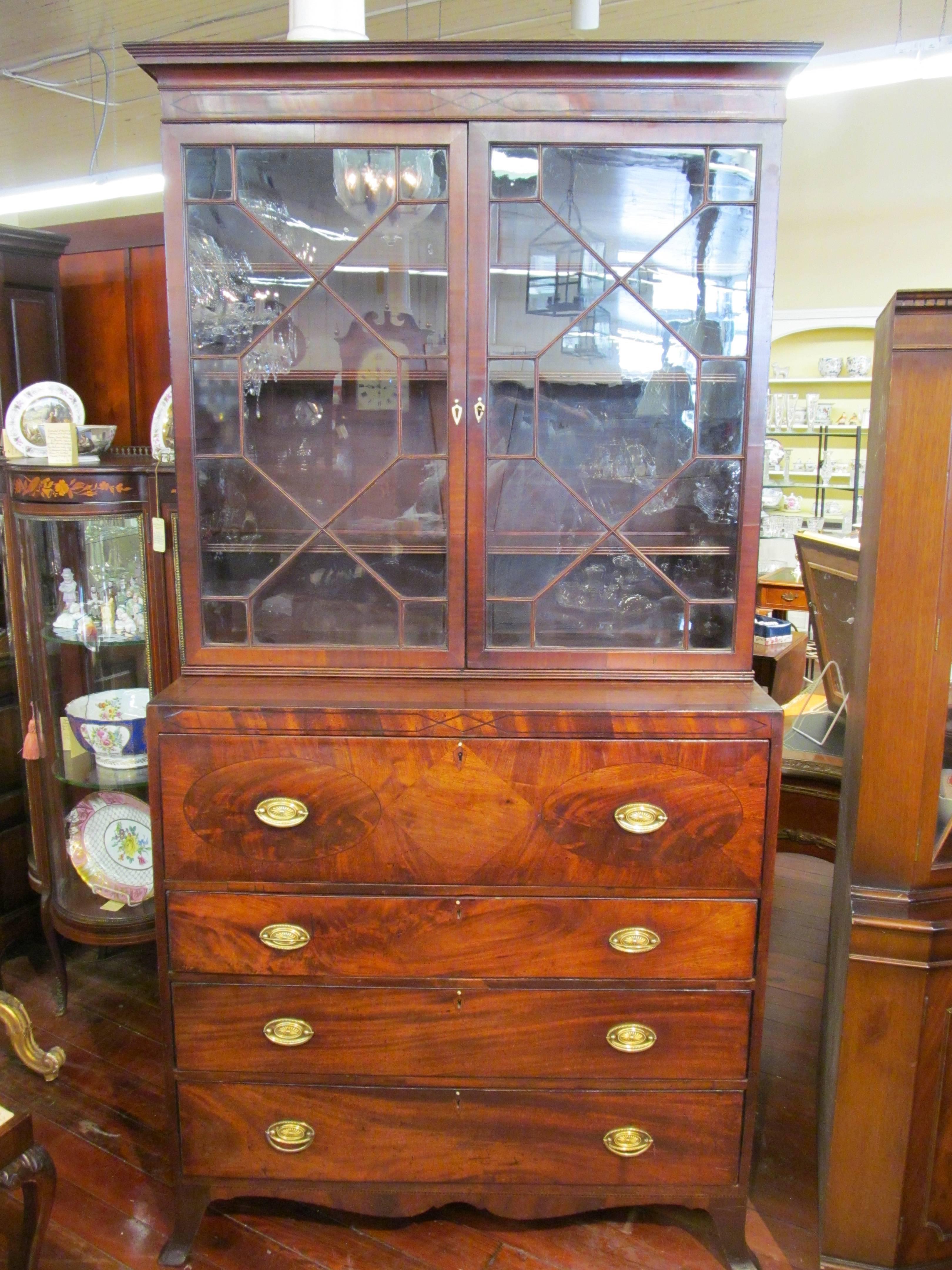 George III Antique English Geo. III Inlaid Figured Mahogany Secretaire Bookcase 