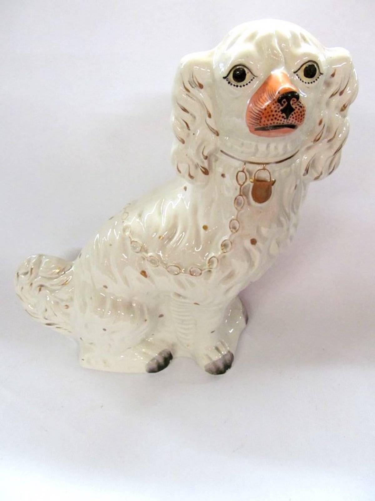 Antique English Large Size Staffordshire Cavalier King Charles Mantel Dogs In Excellent Condition In Charleston, SC