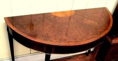 Fine Old English Inlaid Burl Walnut and Mahogany Demilune Console Table
