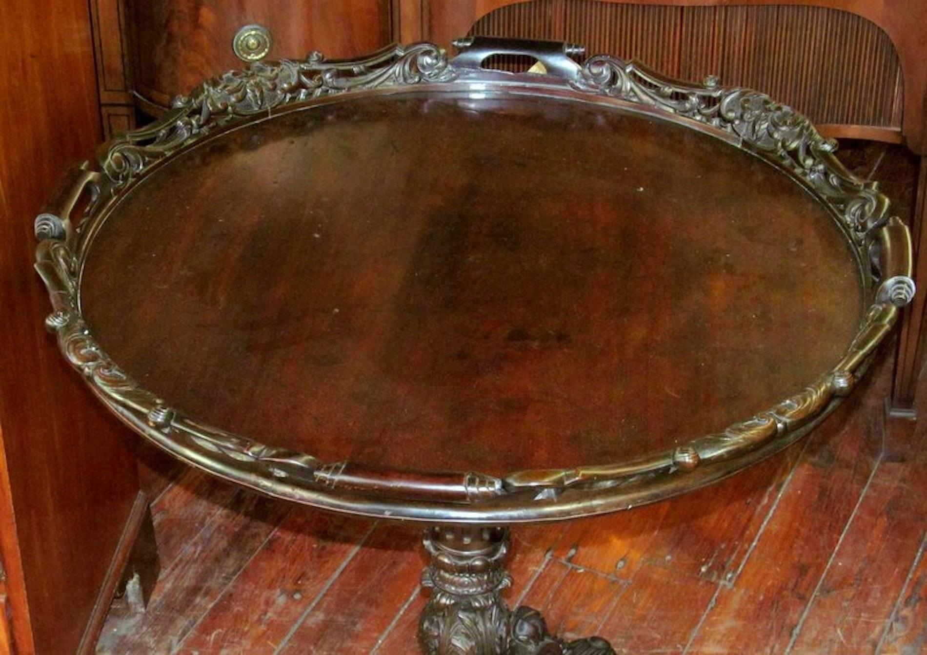 Hand-Carved Antique Irish Carved Chippendale Style Mahogany Tilt-Top Tea Table