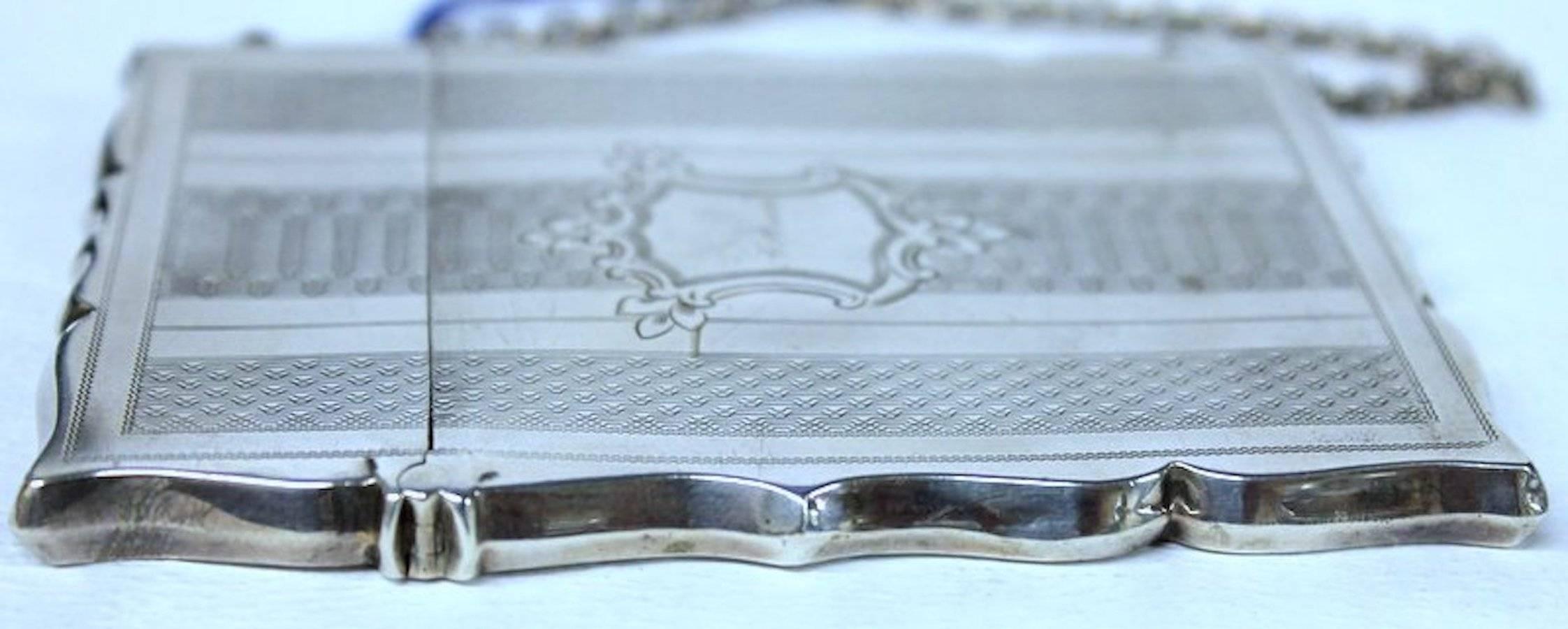 Antique American Coin Silver Hand Engraved Card Case with Chatelaine For Sale 2