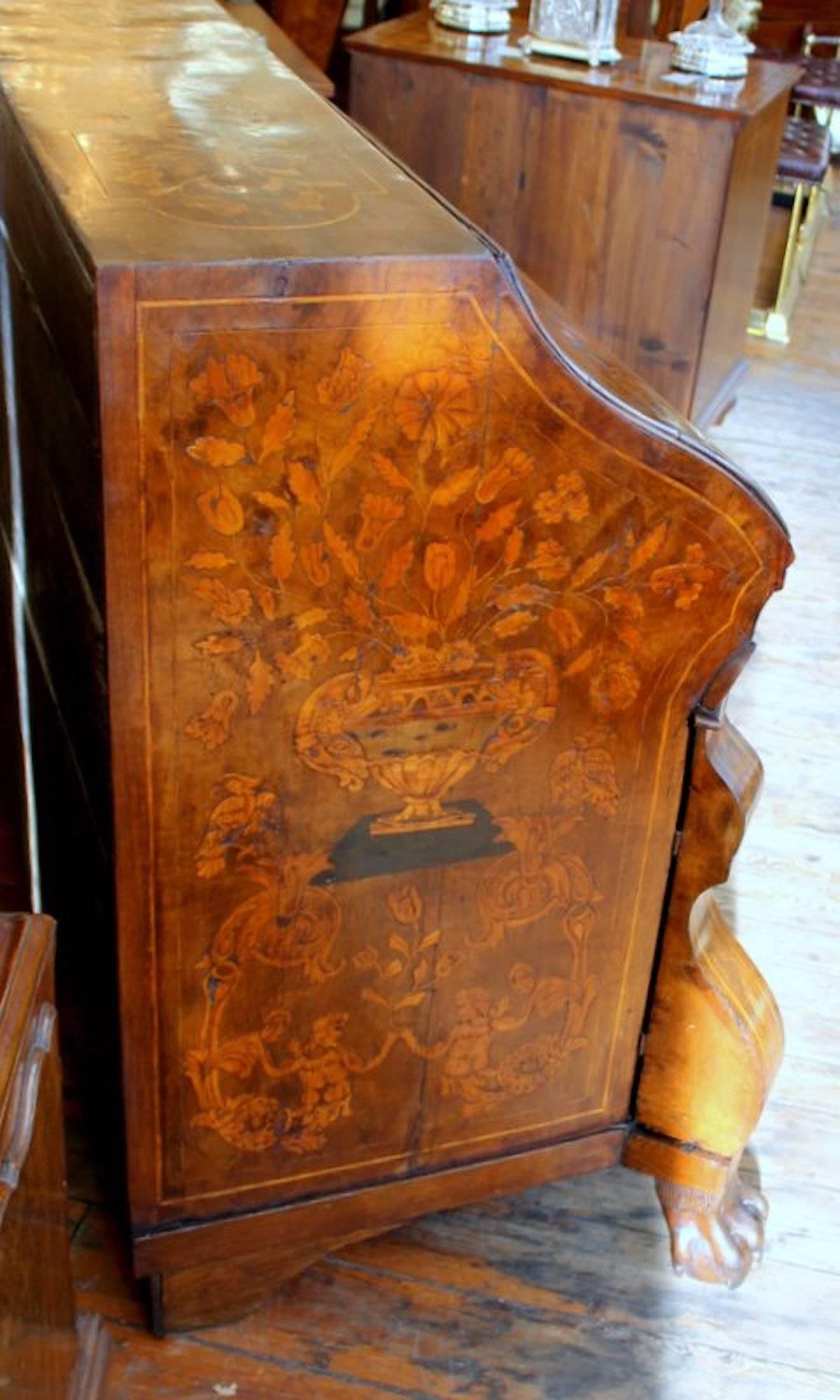 Baroque Antique 18th Century Dutch Marquetry Inlaid Burr Walnut Bombe Slope-Front Bureau For Sale