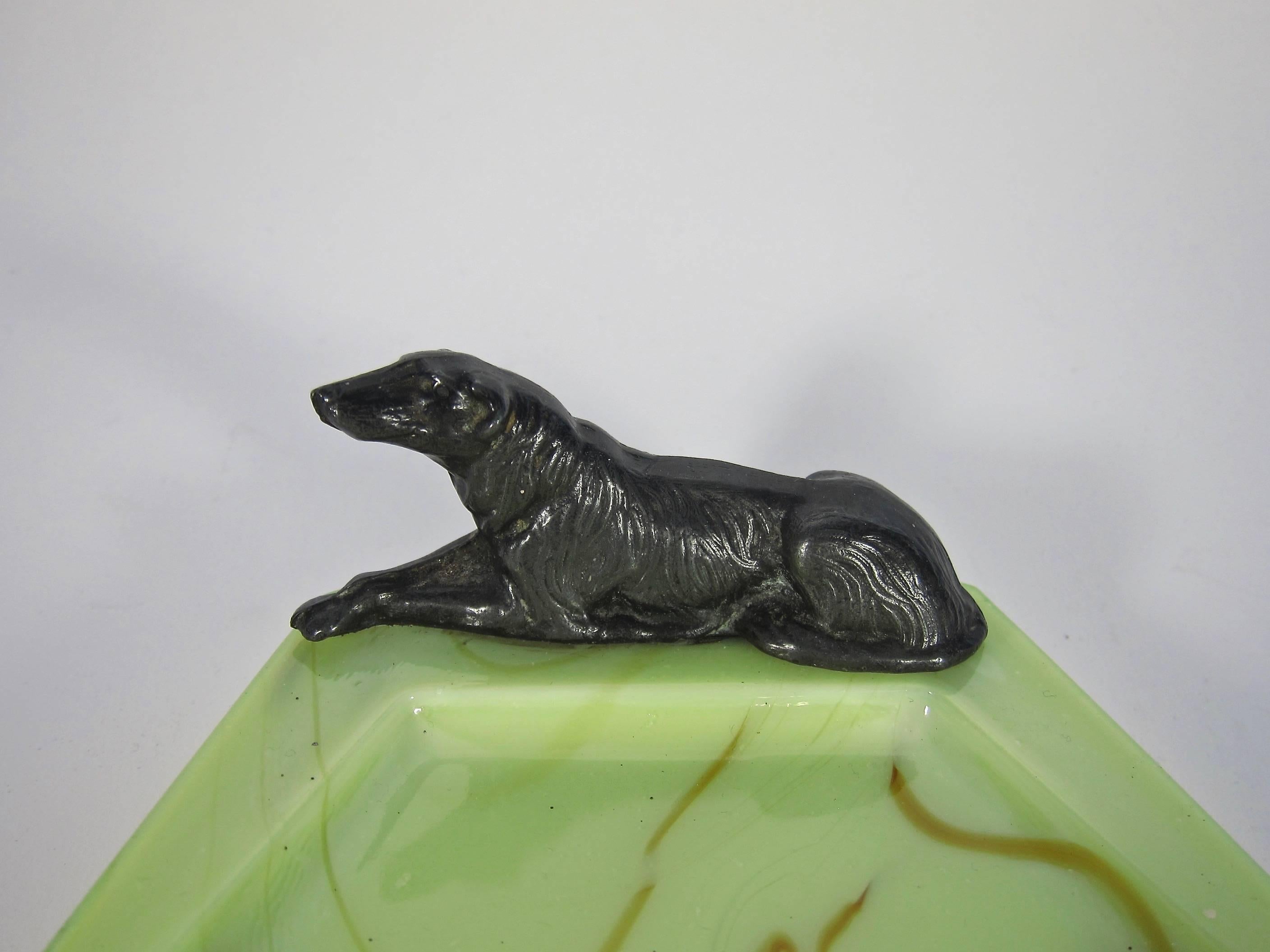 American Art Deco Ashtray in Green Slag Glass with Borzoi Hound in Silver Metal