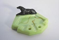 Art Deco Ashtray in Green Slag Glass with Borzoi Hound in Silver Metal
