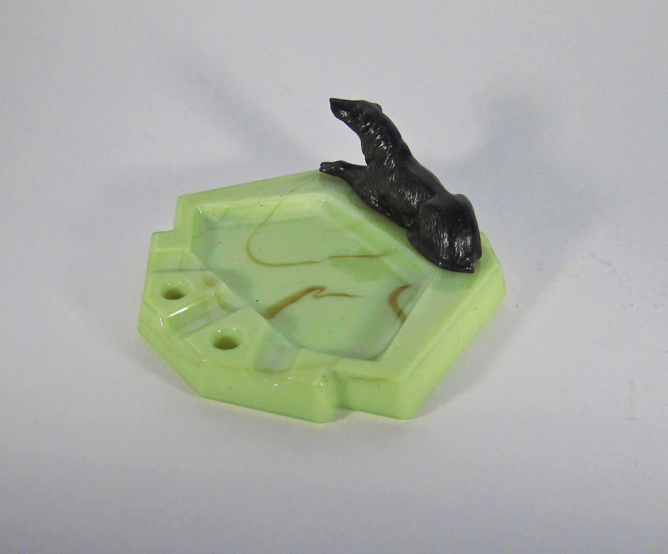 Cast Art Deco Ashtray in Green Slag Glass with Borzoi Hound in Silver Metal