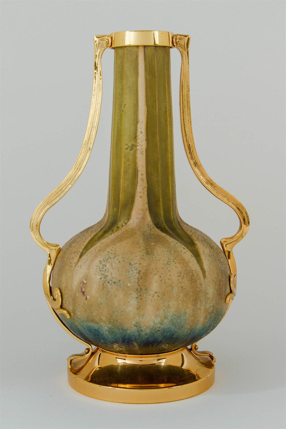 Antique Amphora Pottery Paul Dachsel (Attr.) Vase Pair with Gold Metal