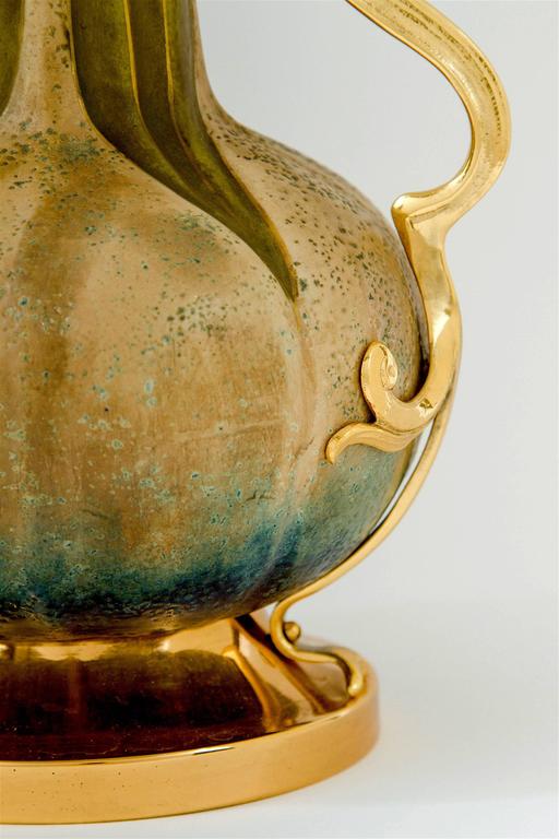 Austrian Amphora Pottery Vase Pair with Gold Metal Mounts, Paul Dachsel