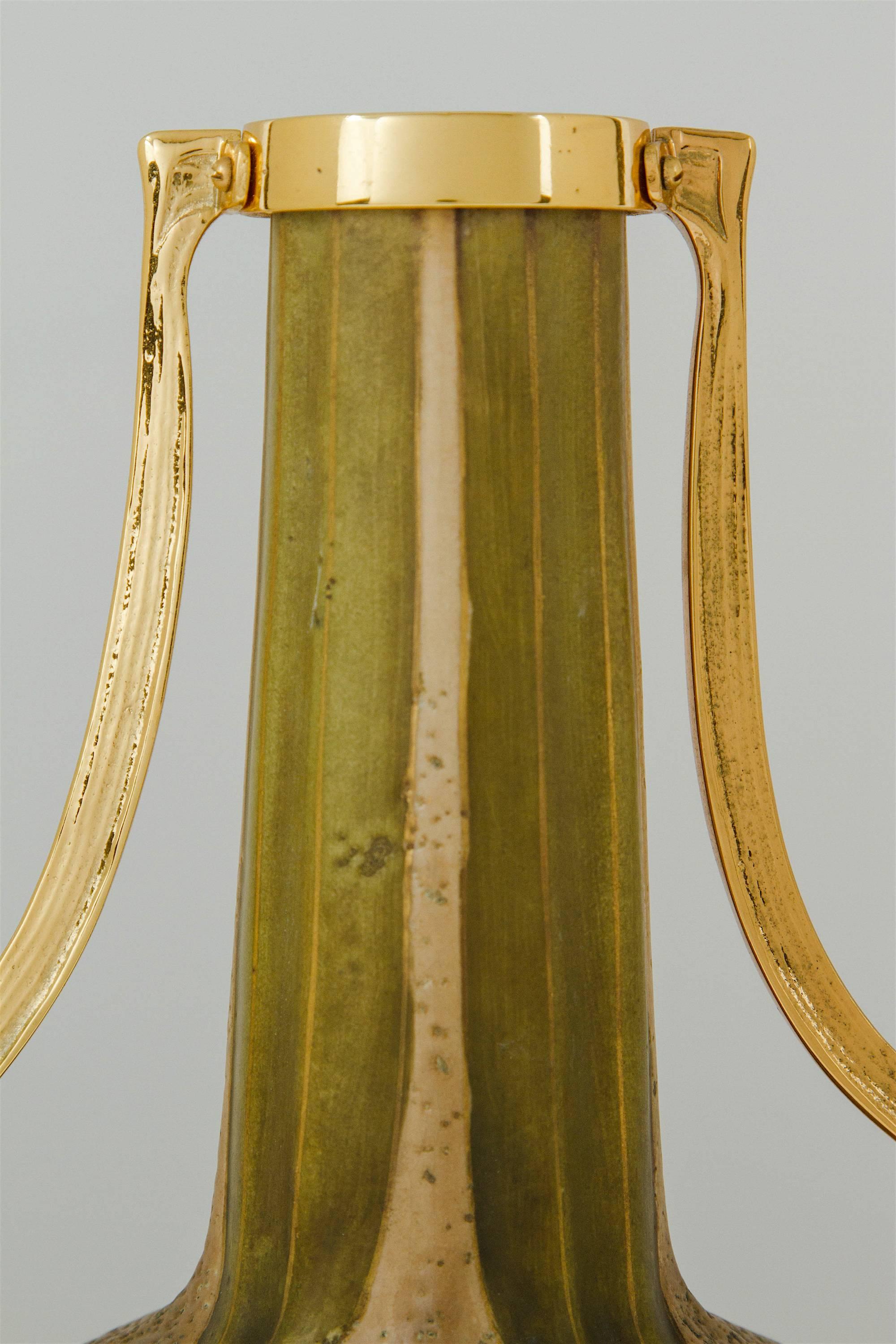 Art Nouveau Austrian Riessner, Stellmacher & Kessel Amphora Vase Pair with Gold Metal Mounts