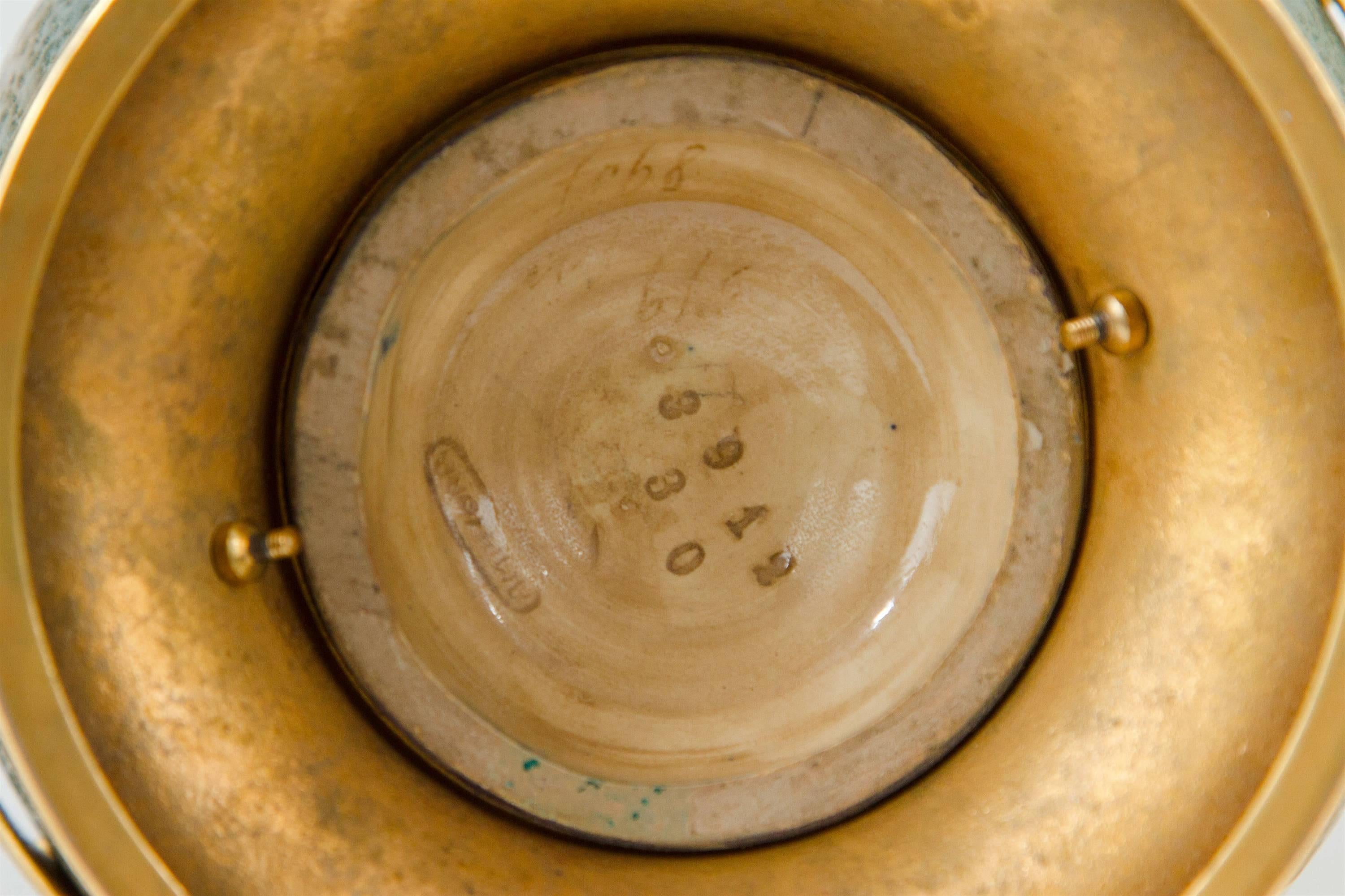 Glazed Austrian Riessner, Stellmacher & Kessel Amphora Vase Pair with Gold Metal Mounts