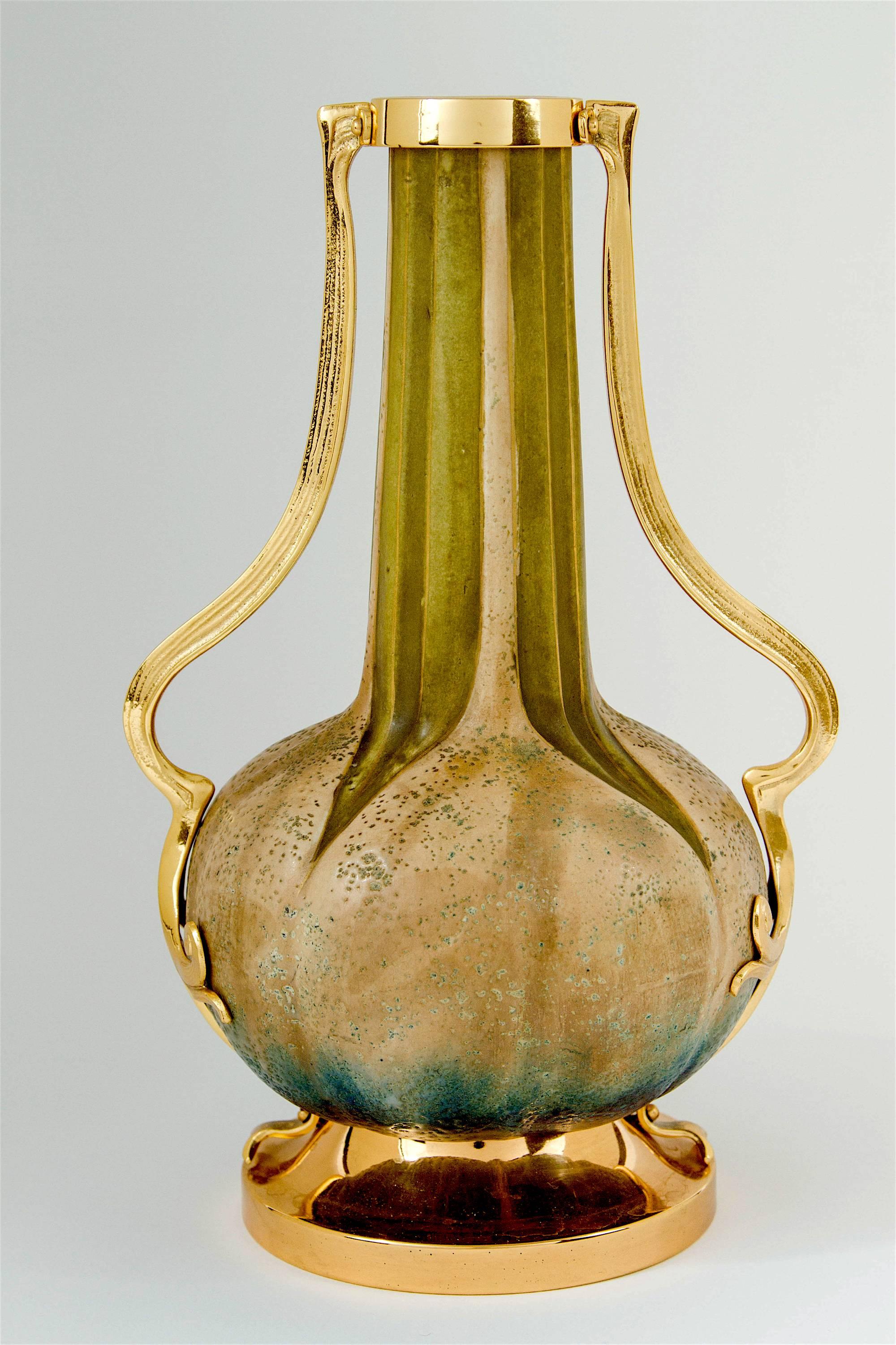 Earthenware Austrian Riessner, Stellmacher & Kessel Amphora Vase Pair with Gold Metal Mounts