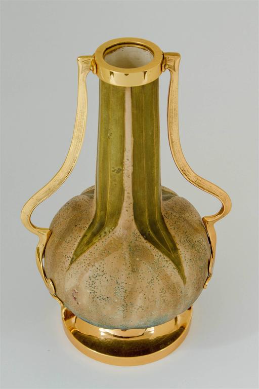 Austrian Amphora Pottery Vase Pair with Gold Metal Mounts, Paul Dachsel