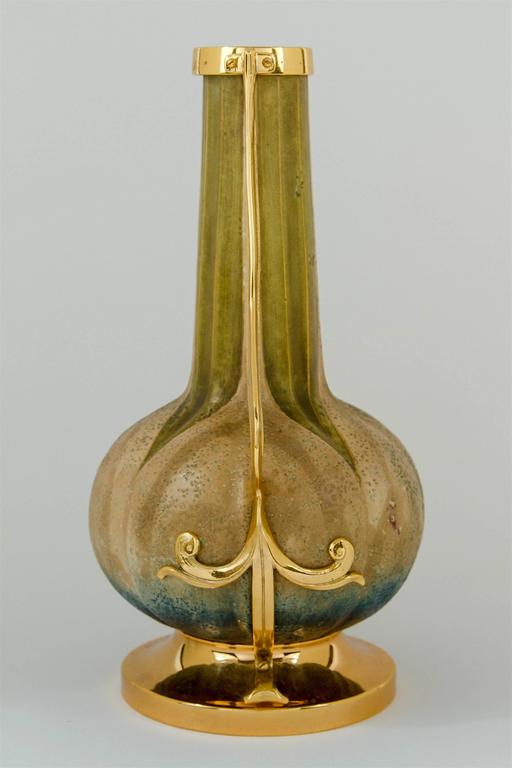 Austrian Amphora Pottery Vase Pair with Gold Metal Mounts, Paul Dachsel