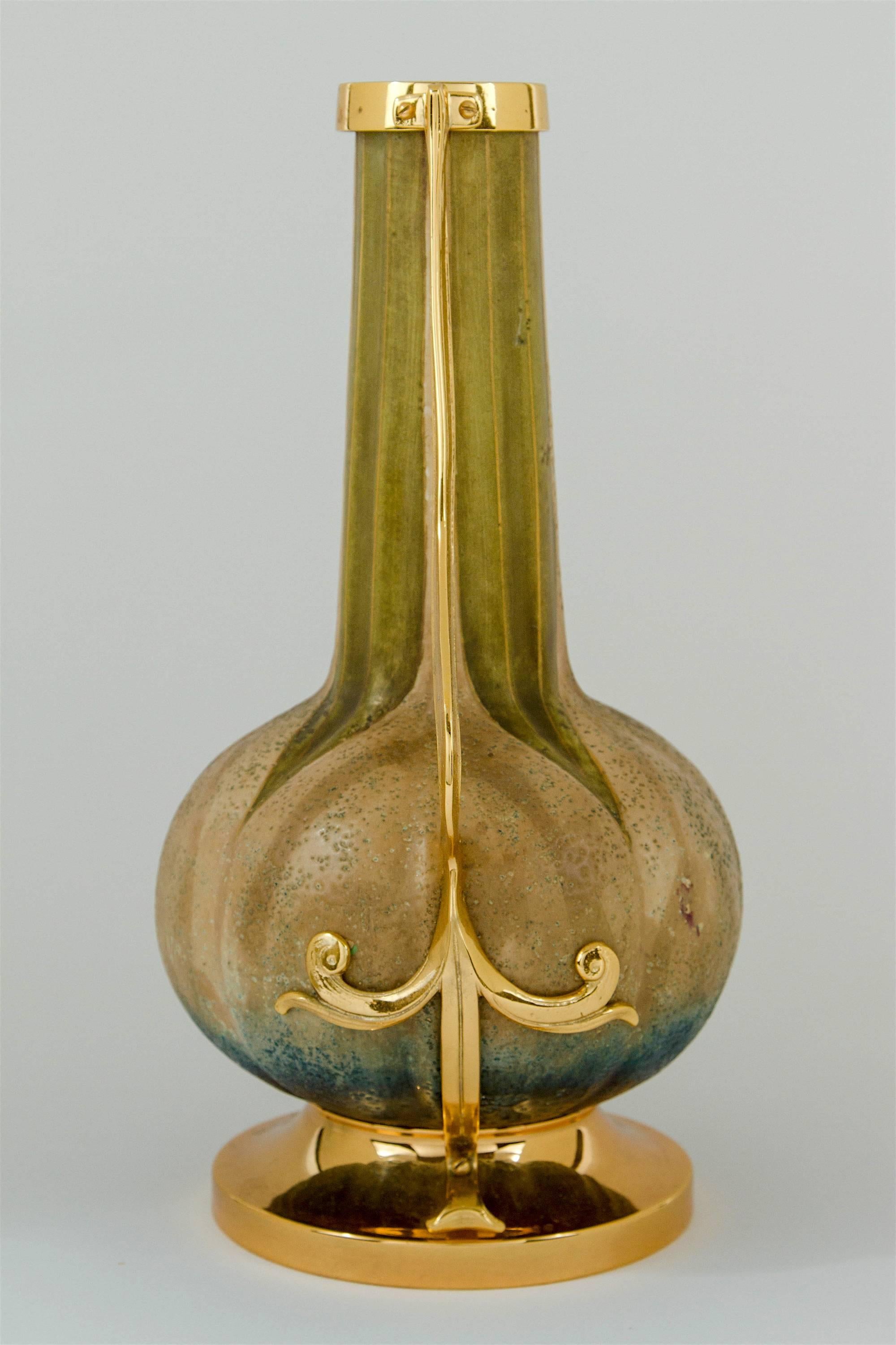 20th Century Austrian Riessner, Stellmacher & Kessel Amphora Vase Pair with Gold Metal Mounts