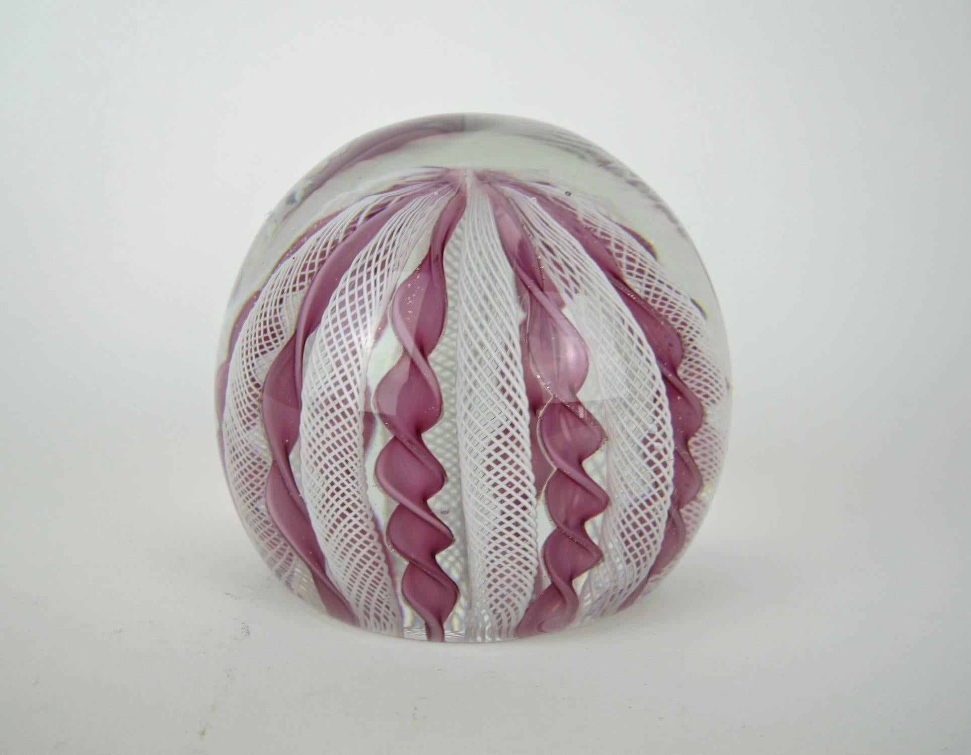 MidCentury Murano Zanfirico Crown Glass Paperweight in Pink and White