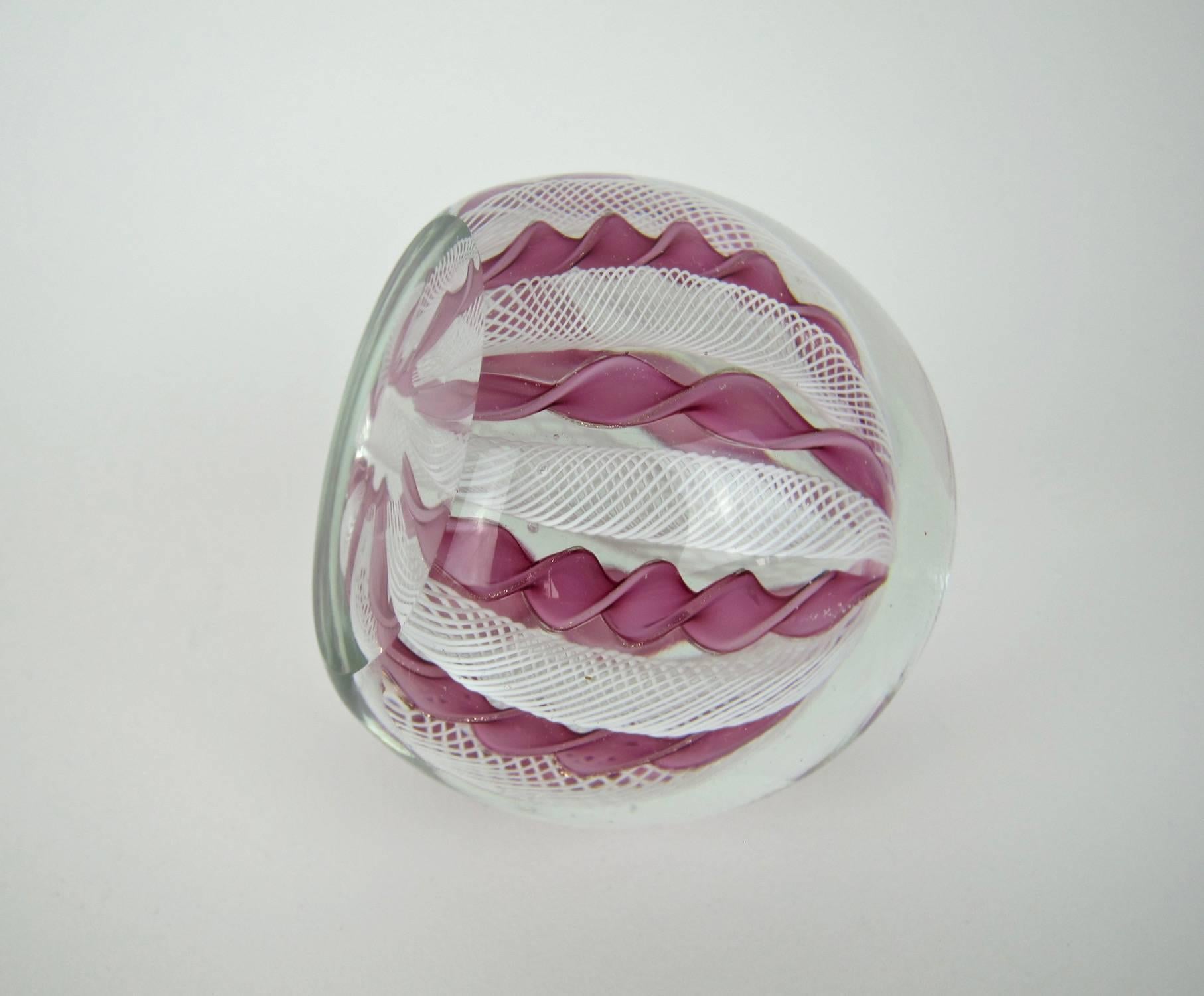 MidCentury Murano Zanfirico Crown Glass Paperweight in Pink and White