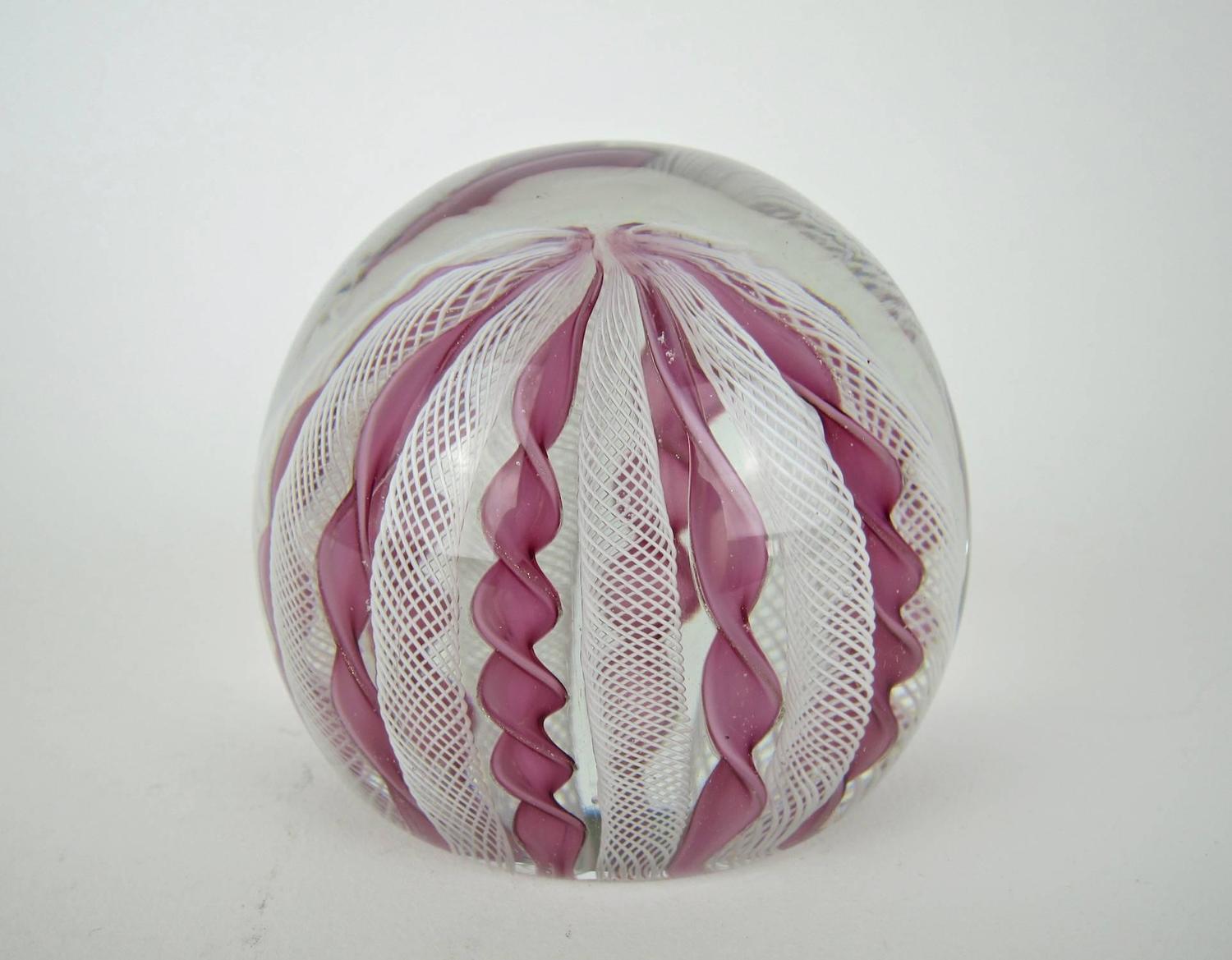 MidCentury Murano Zanfirico Crown Glass Paperweight in Pink and White