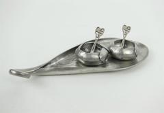 A E Chanal French Art Nouveau Open Salt Set in Hand-Wrought Pewter