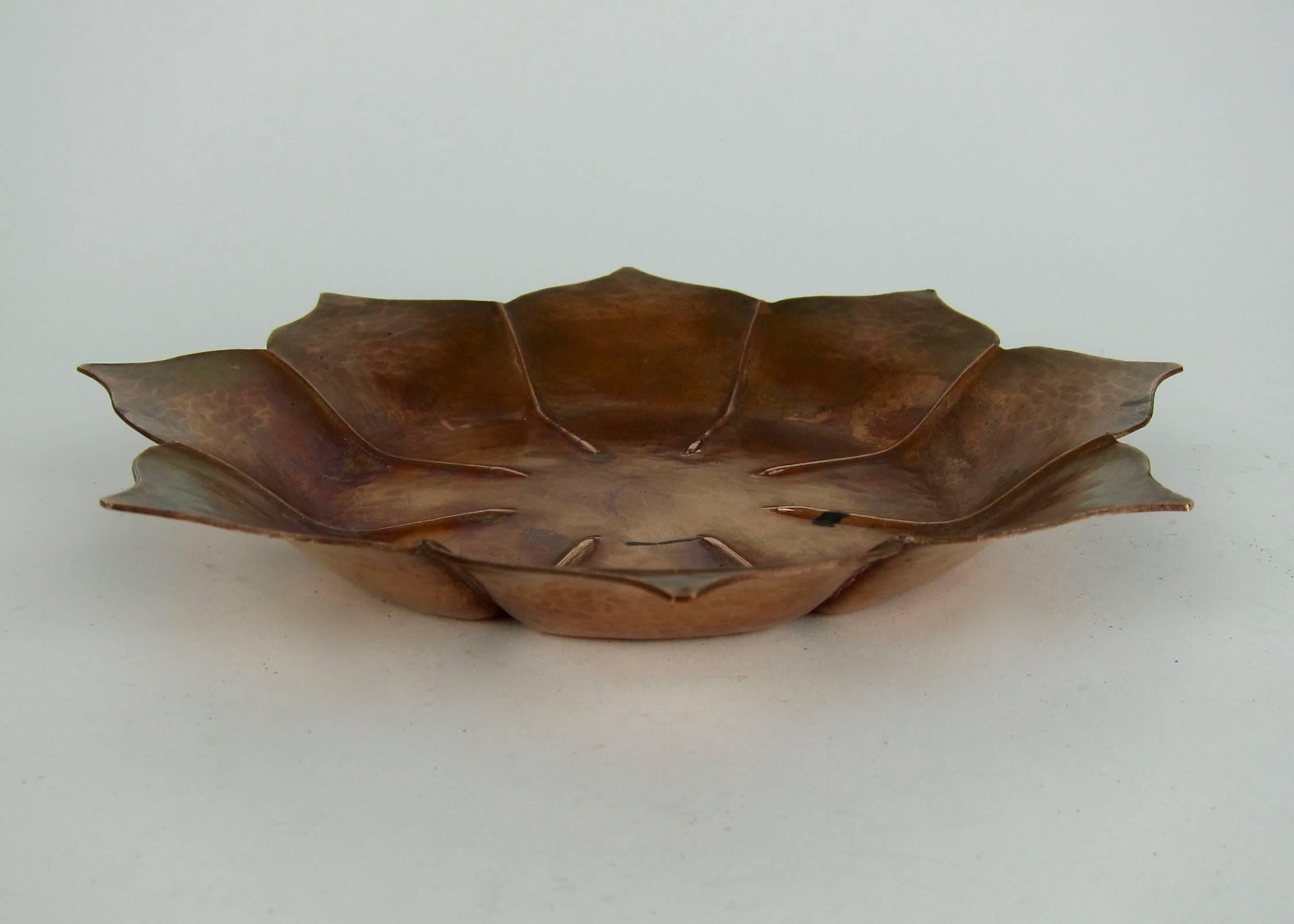 20th Century Marie Zimmermann Arts and Crafts Copper Lotus Dish or Shallow Bowl