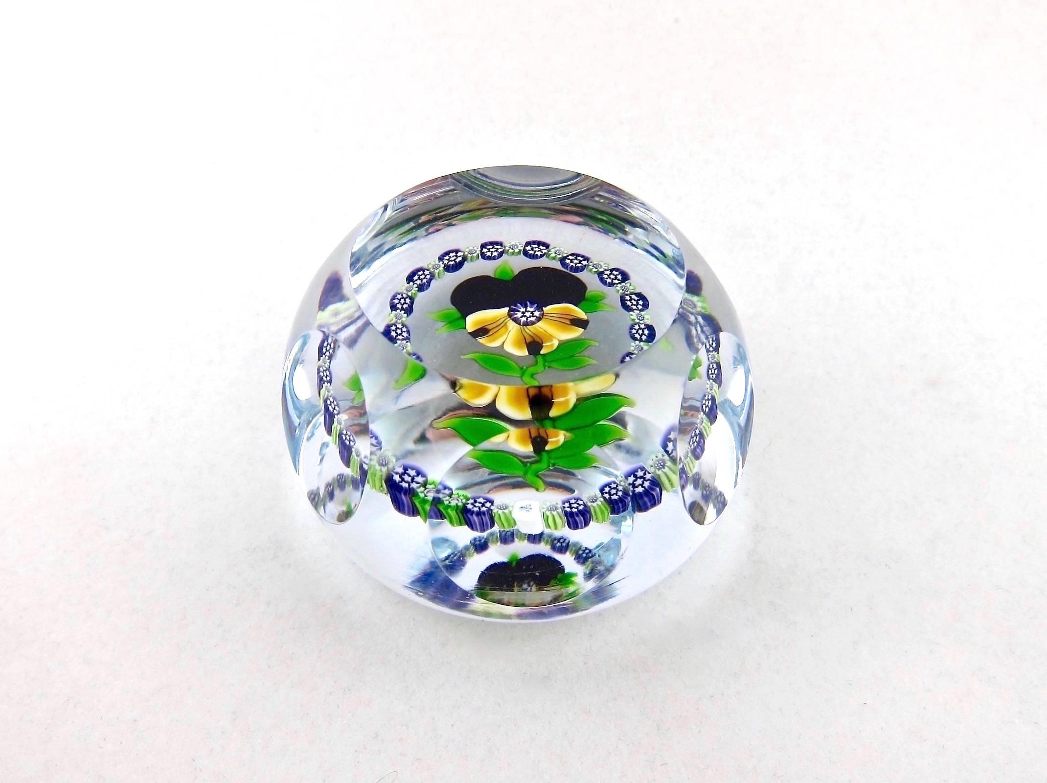 Scottish Limited Edition Faceted Pansy Paperweight with Millefiori Garland, J Glass, 1980
