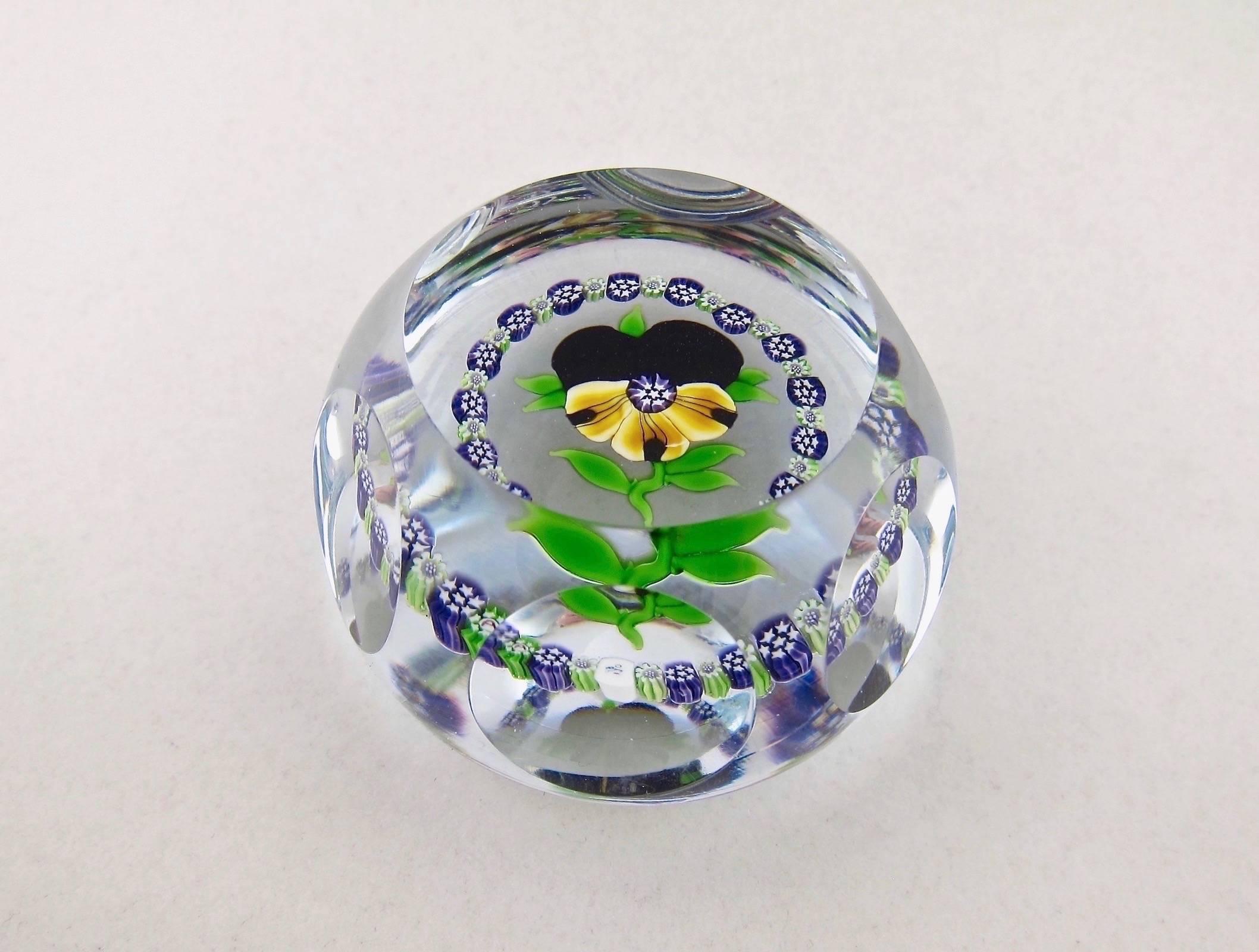 Limited Edition Faceted Pansy Paperweight with Millefiori Garland, J Glass, 1980 1