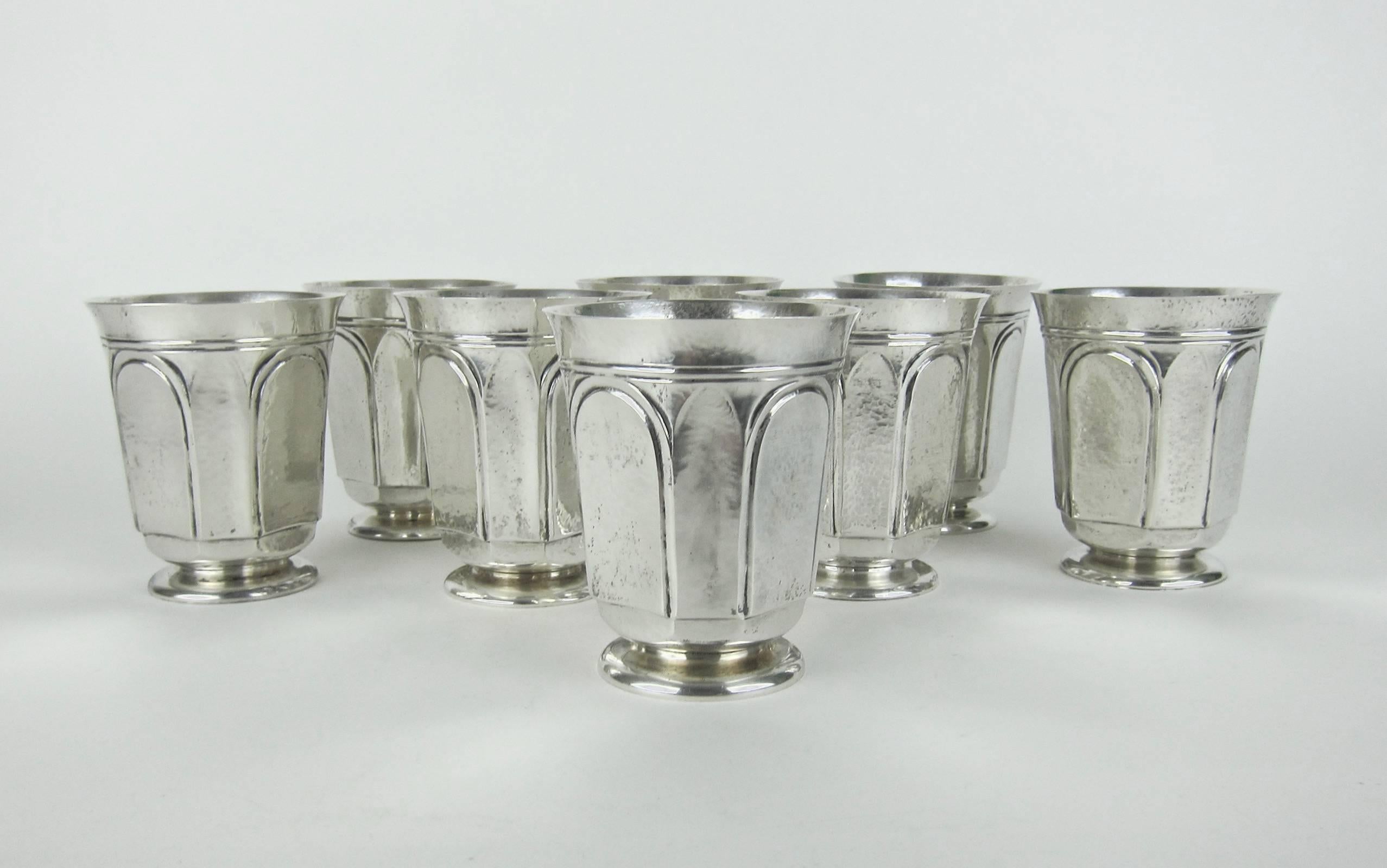 Hammered Heavy Sterling Silver Tumblers or Julep Cups by Marie Zimmermann, circa 1915 For Sale