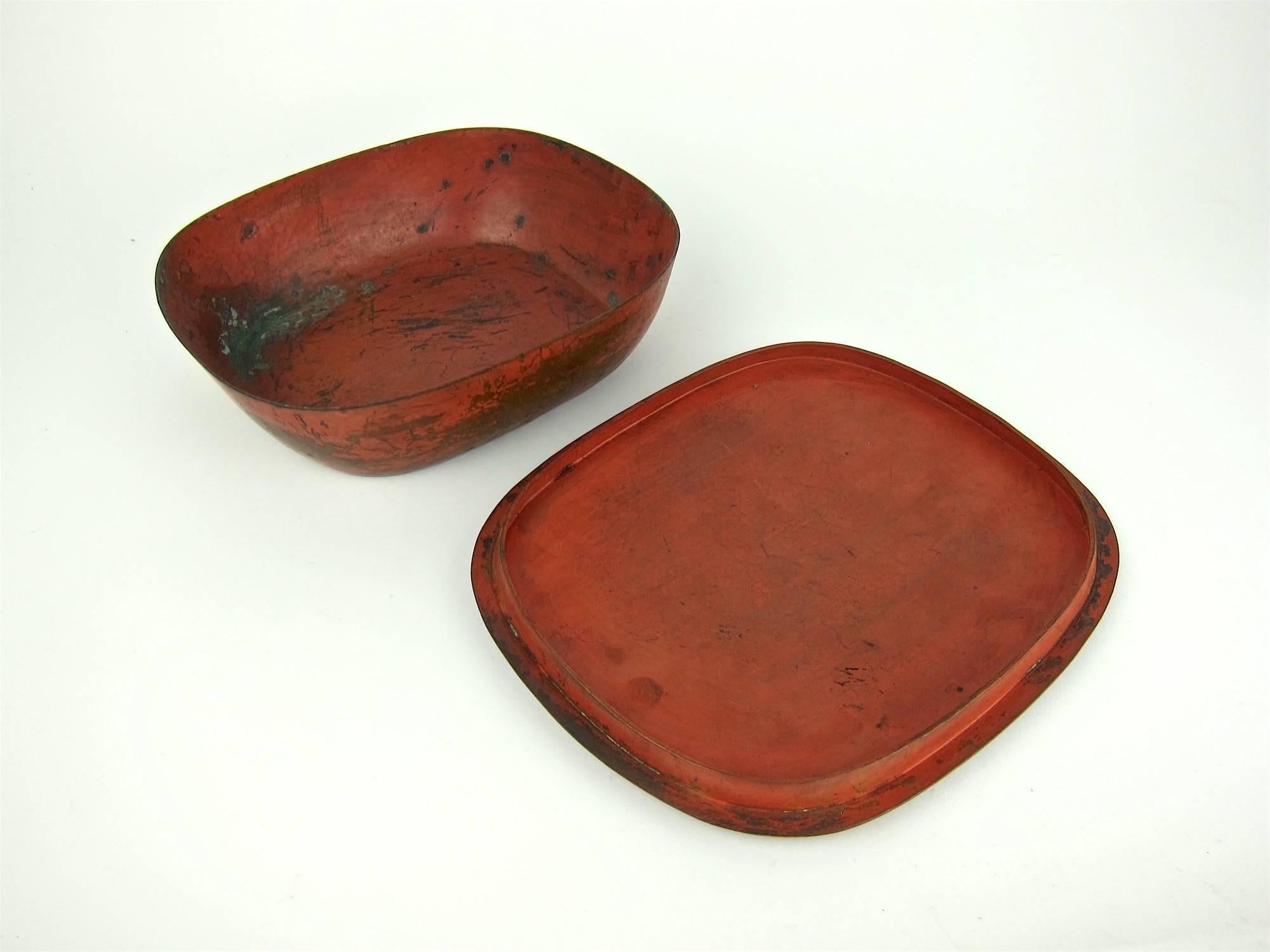 20th Century American Arts & Crafts Covered Metal Box with Red Patina by Marie Zimmermann For Sale