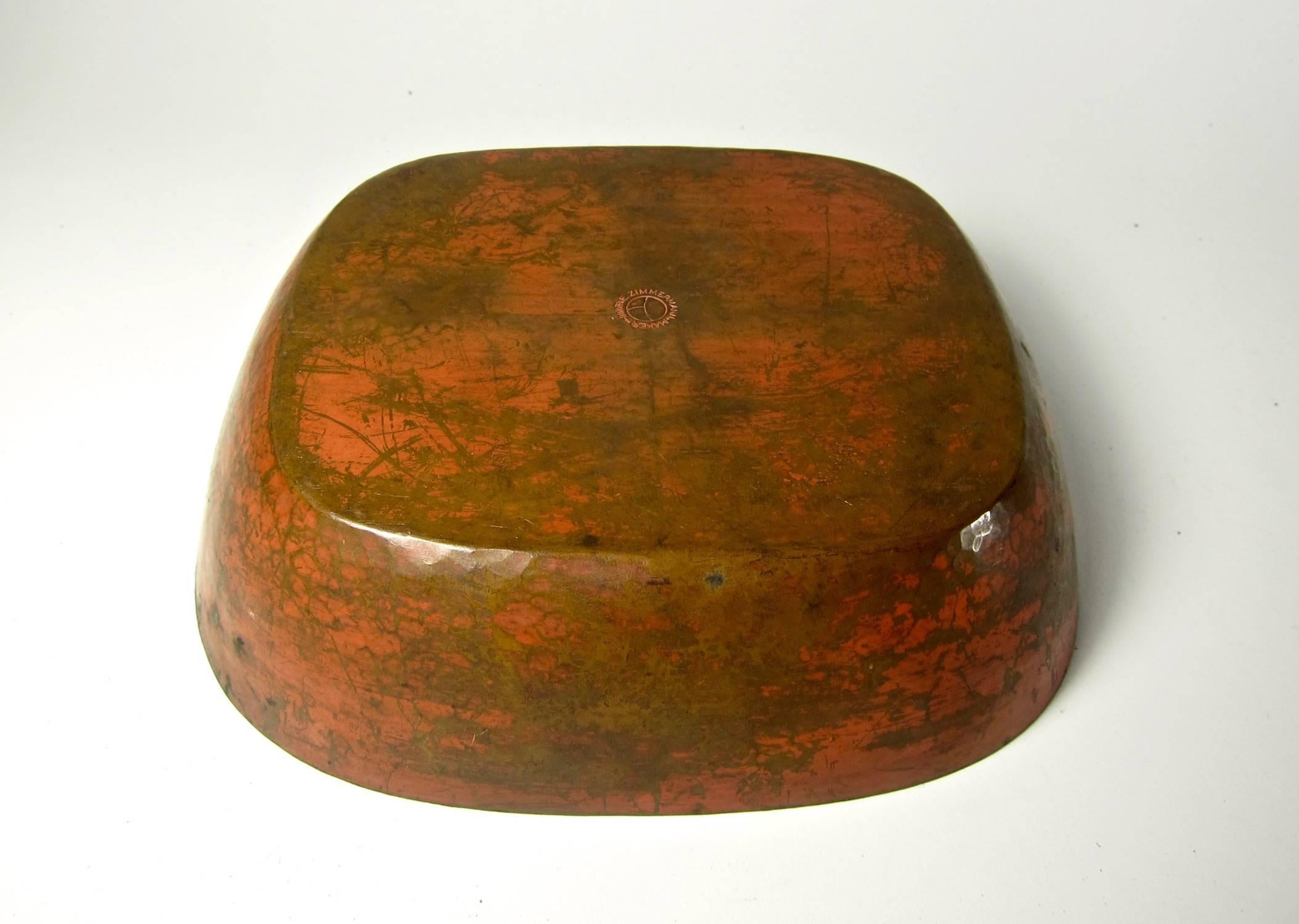 Patinated American Arts & Crafts Covered Metal Box with Red Patina by Marie Zimmermann For Sale