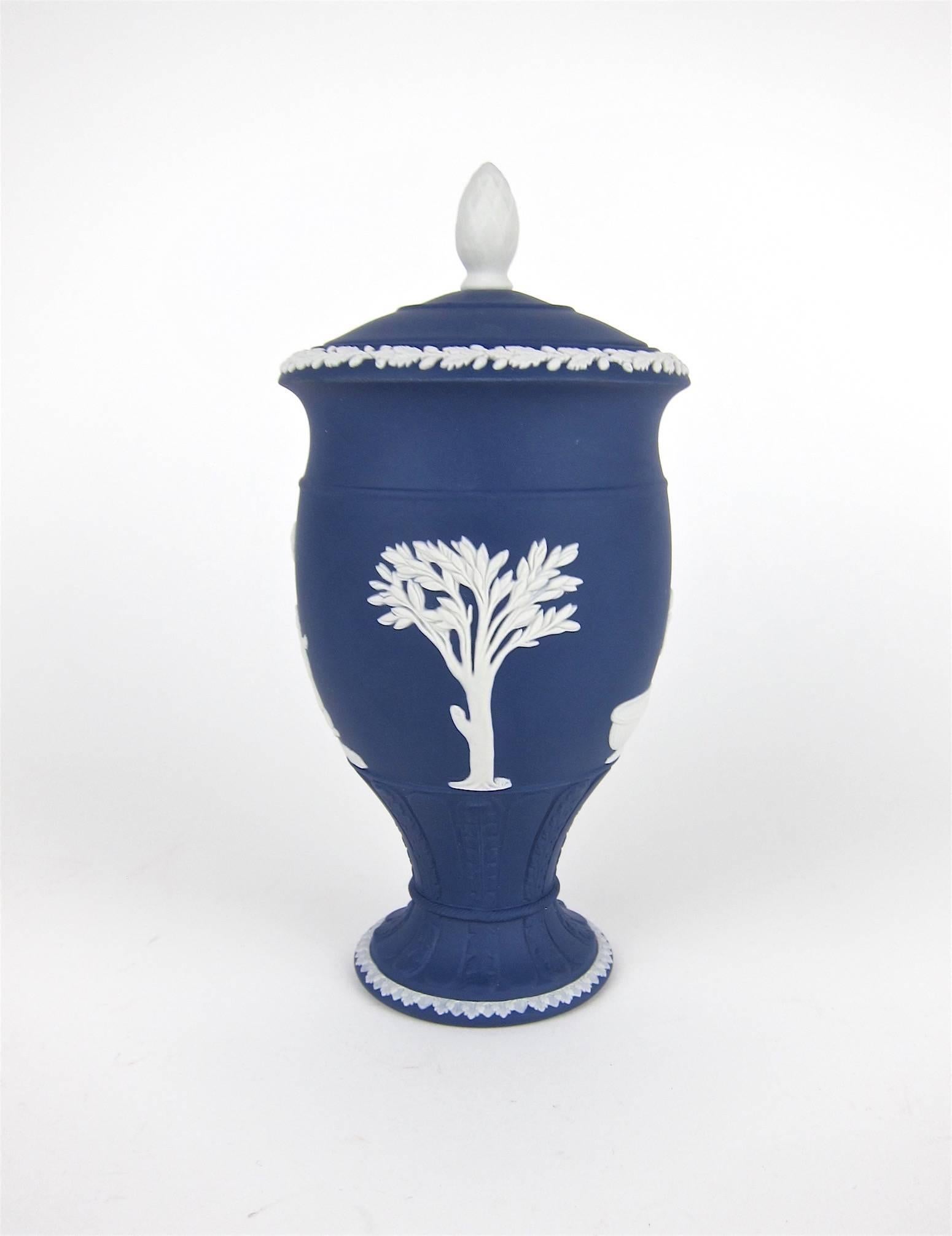 Neoclassical Wedgwood Classical Covered Urn in White on Portland Blue Jasper Ware