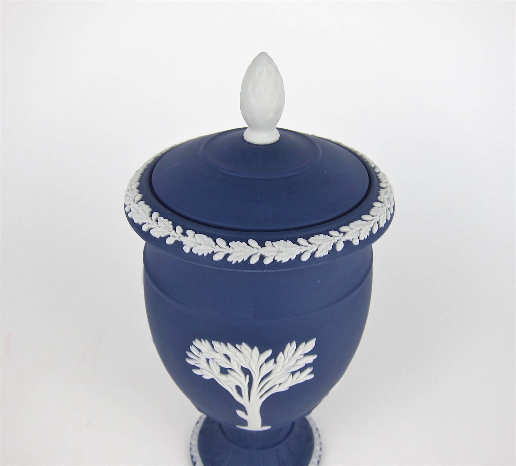 English Wedgwood Classical Covered Urn in White on Portland Blue Jasper Ware